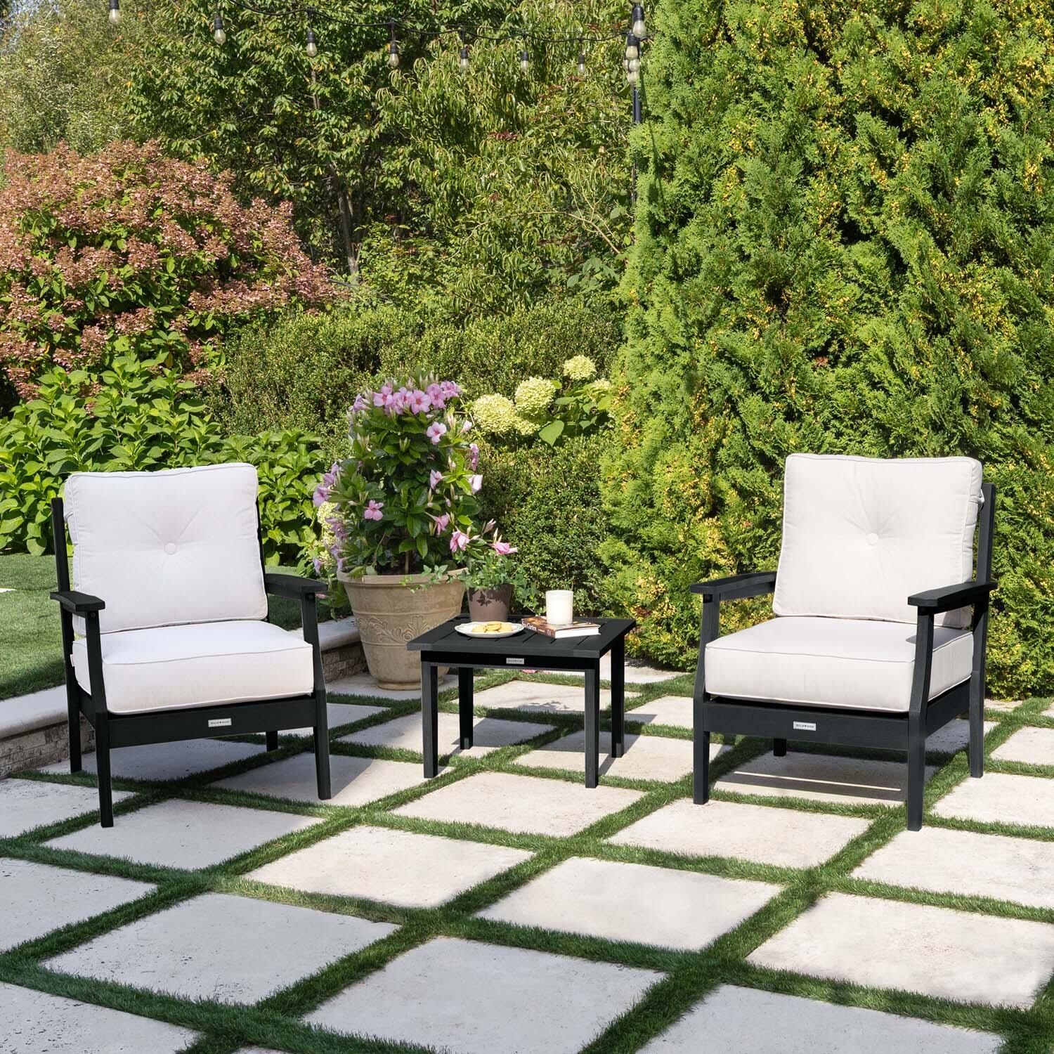 Blushing Bay 3 Pc Recycled Plastic Seating Set in Bliss Linen/Black by Lakeview Outdoor Designs