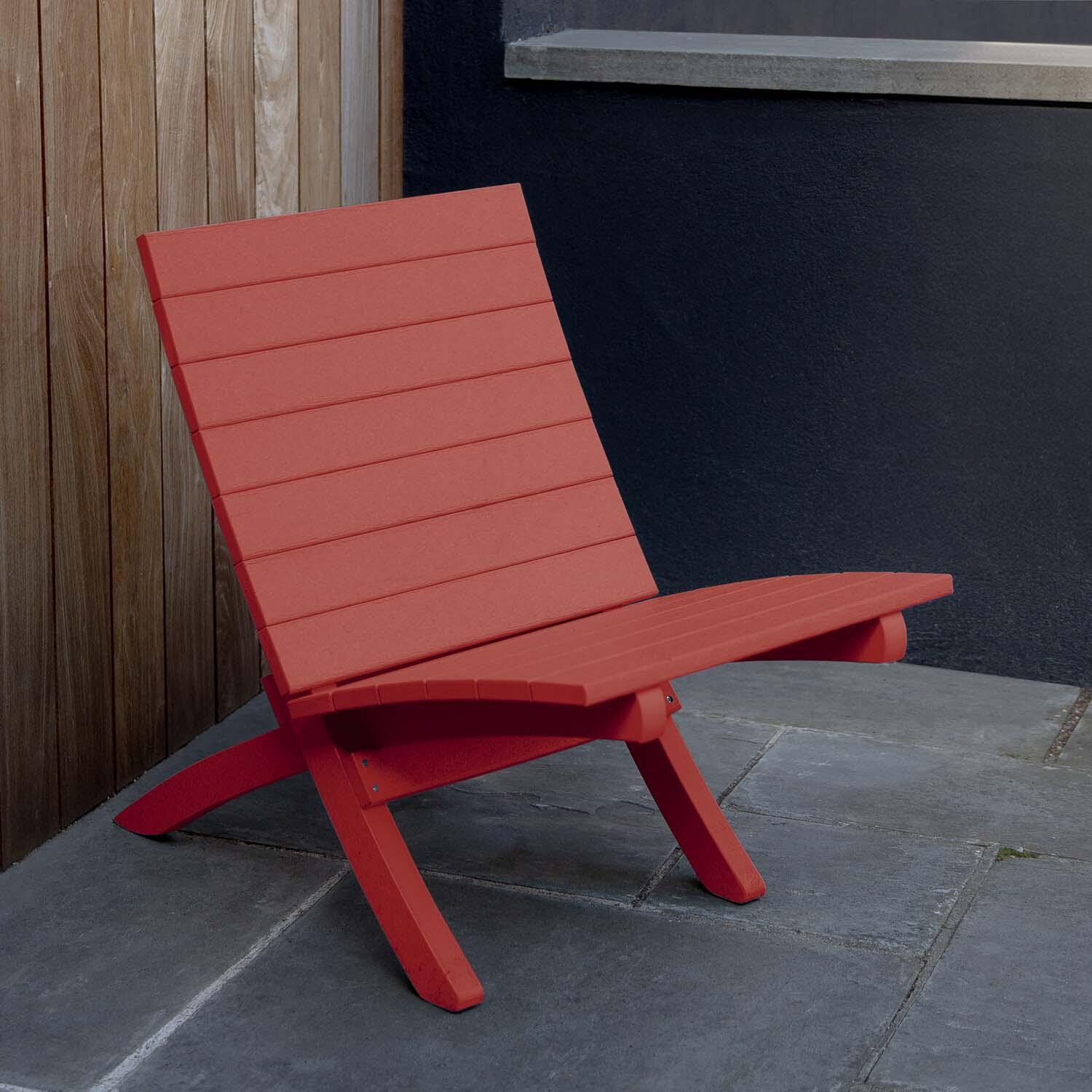 Hazel Cove Recycled Plastic Folding & Stacking Dining Side Chair in Boathouse Red by Lakeview Outdoor Designs - Right Side View - Lifestyle thumbnail