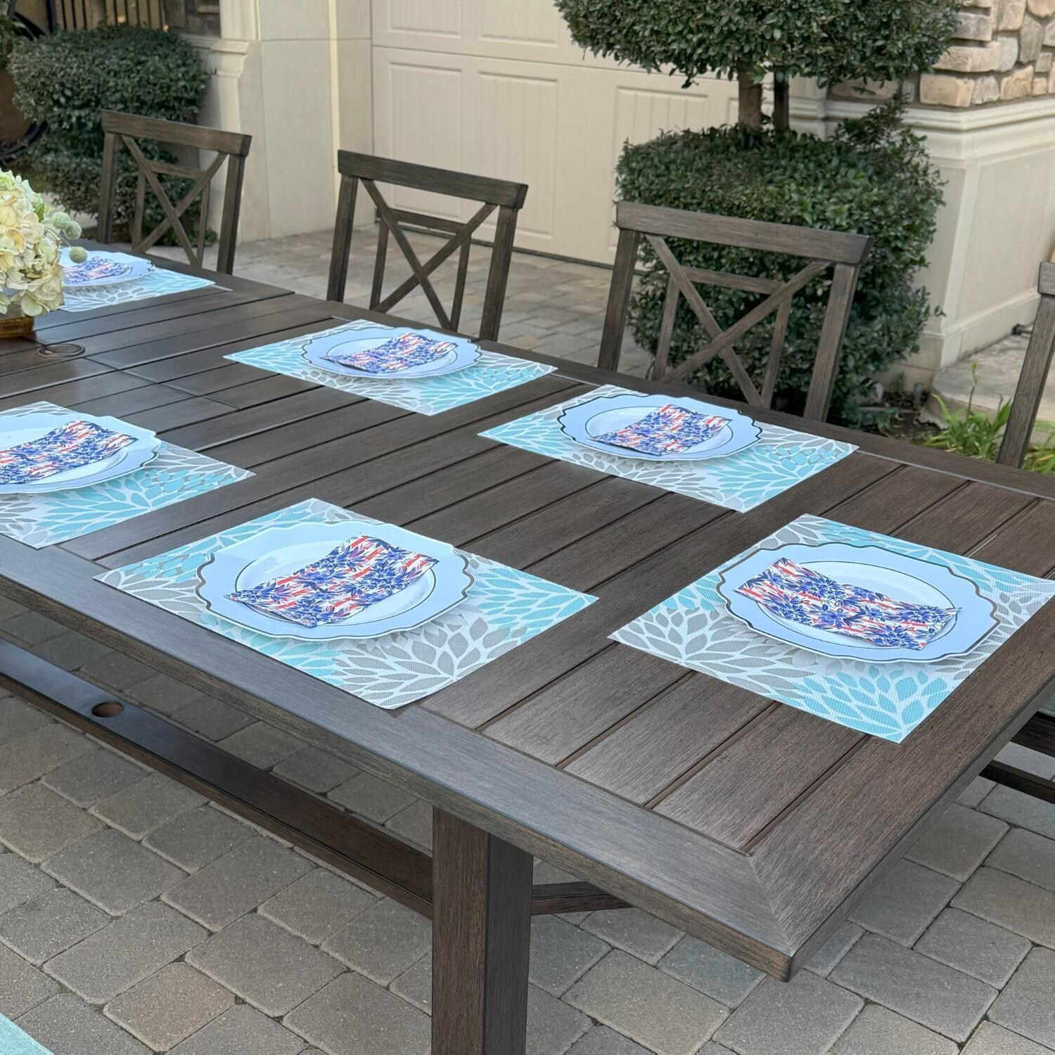 Atlantis 9 Pc Aluminum Dining Set w/ 6 Dining Side Chairs, 2 Two Person Benches & Extension Table in Walnut/Spa by Darlee - Table Angled - Lifestyle thumbnail