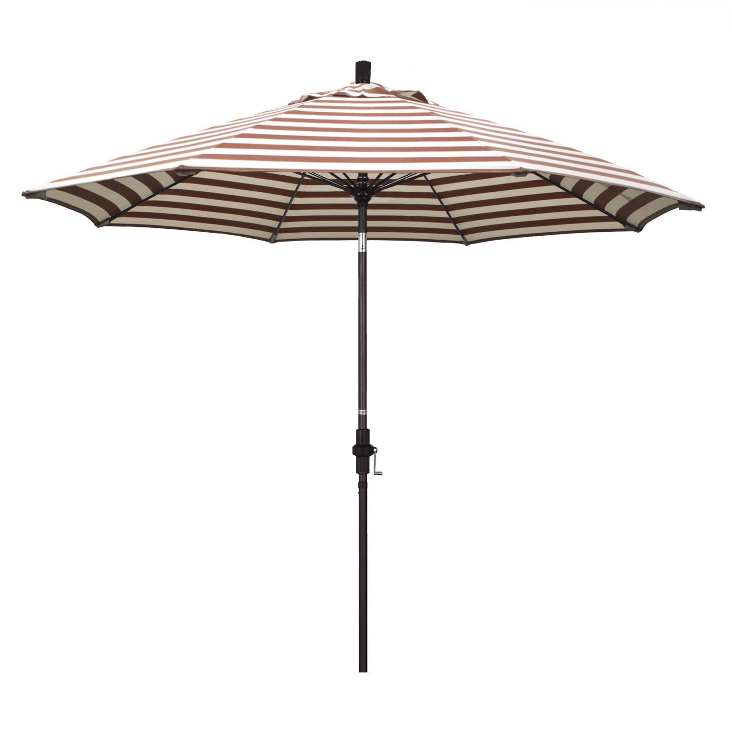 California Umbrella Sun Master Series 9 Ft Octagonal Aluminum Collar Tilt Patio Umbrella W/ Crank Lift & Fiberglass Ribs - Bronze Frame / Olefin Brick White Cabana Stripe Canopy