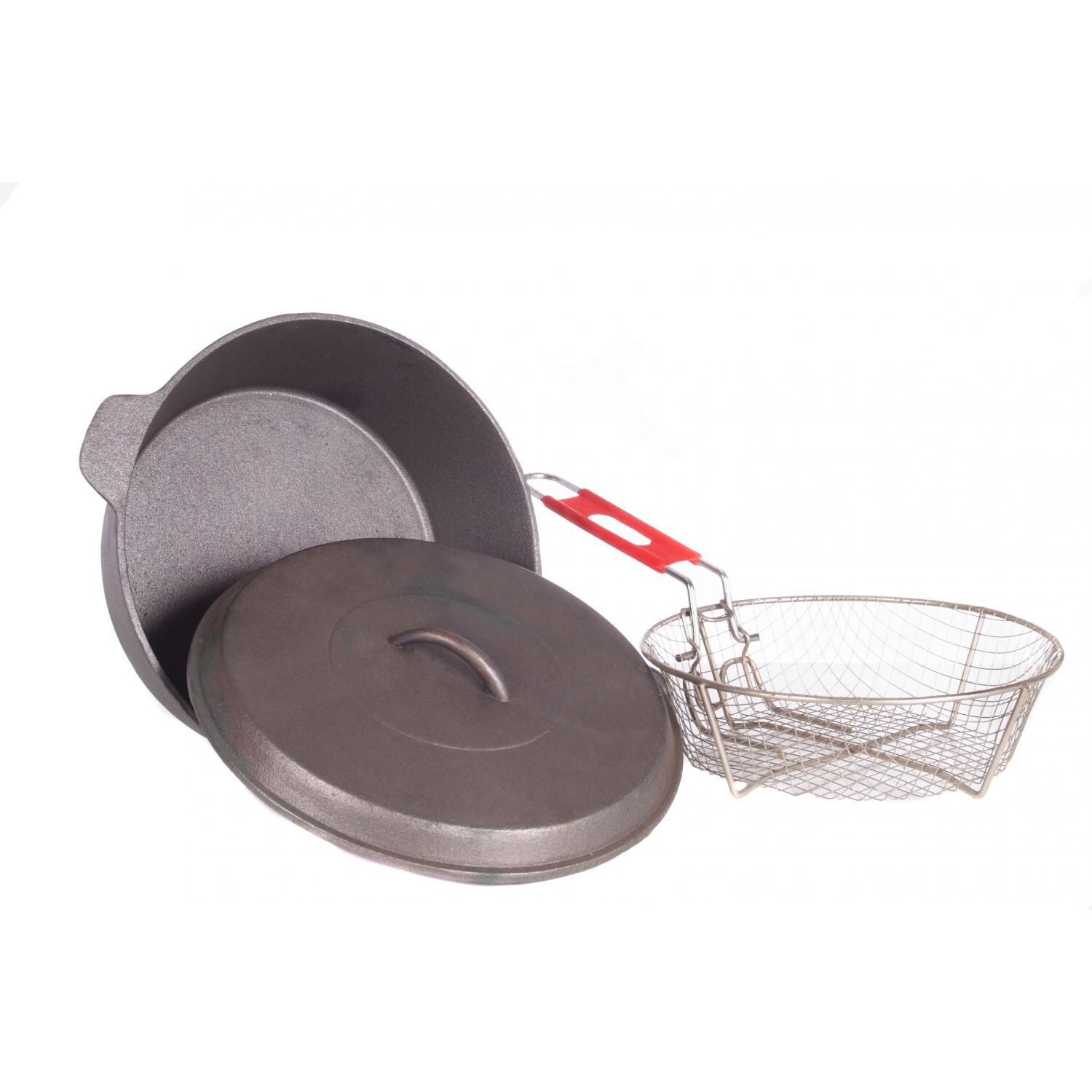 Cajun Cookware 4-Quart Unseasoned Cast Iron Chicken Fryer With Handle & Basket - Open View