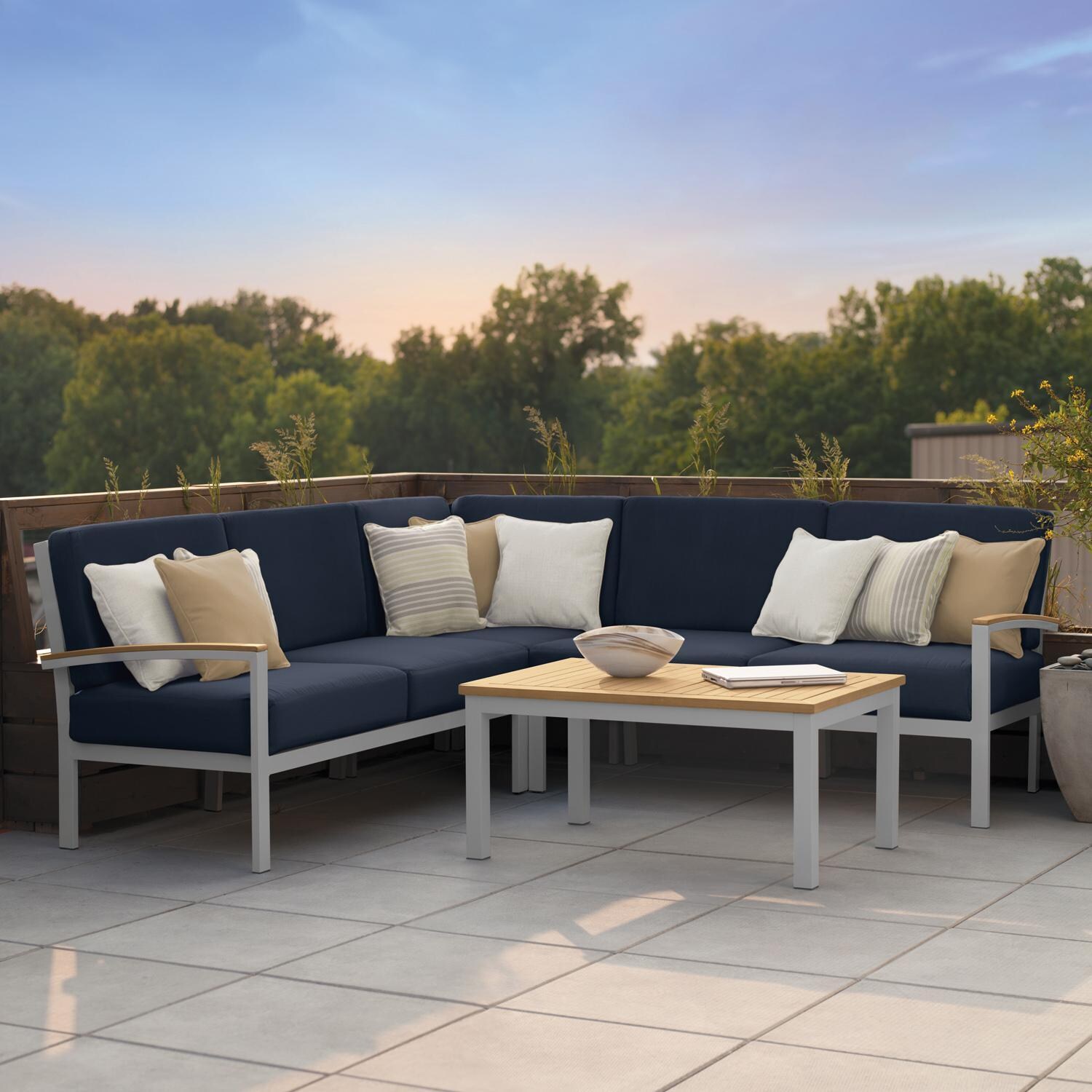 Oxford Garden Travira 2 Person Aluminum Modular Left Loveseat W/ Natural Tekwood Arm Caps in Flint/Midnight Blue - Rooftop thumbnail