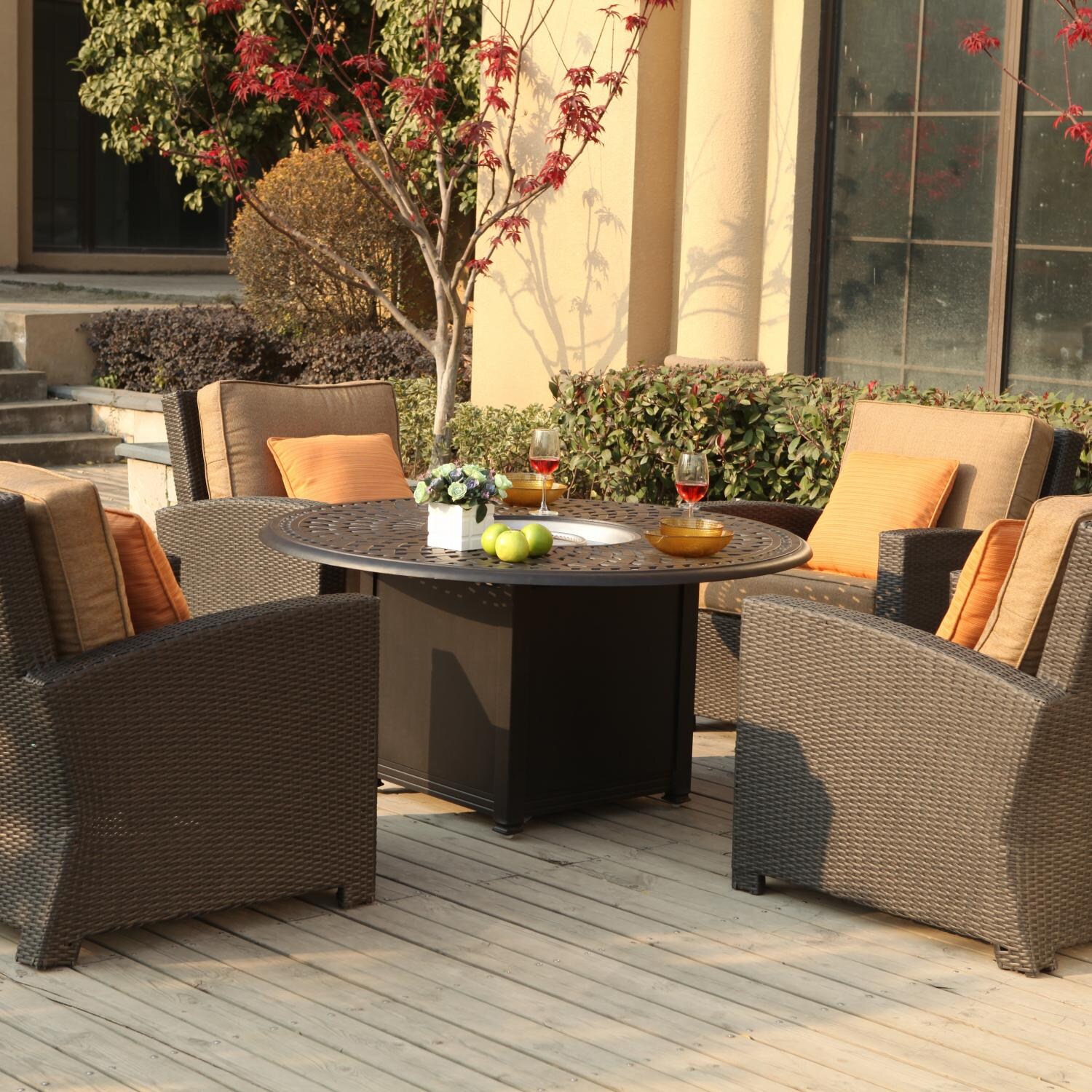 Darlee Vienna 5 Piece Resin Wicker Patio Fire Pit Conversation Seating Set