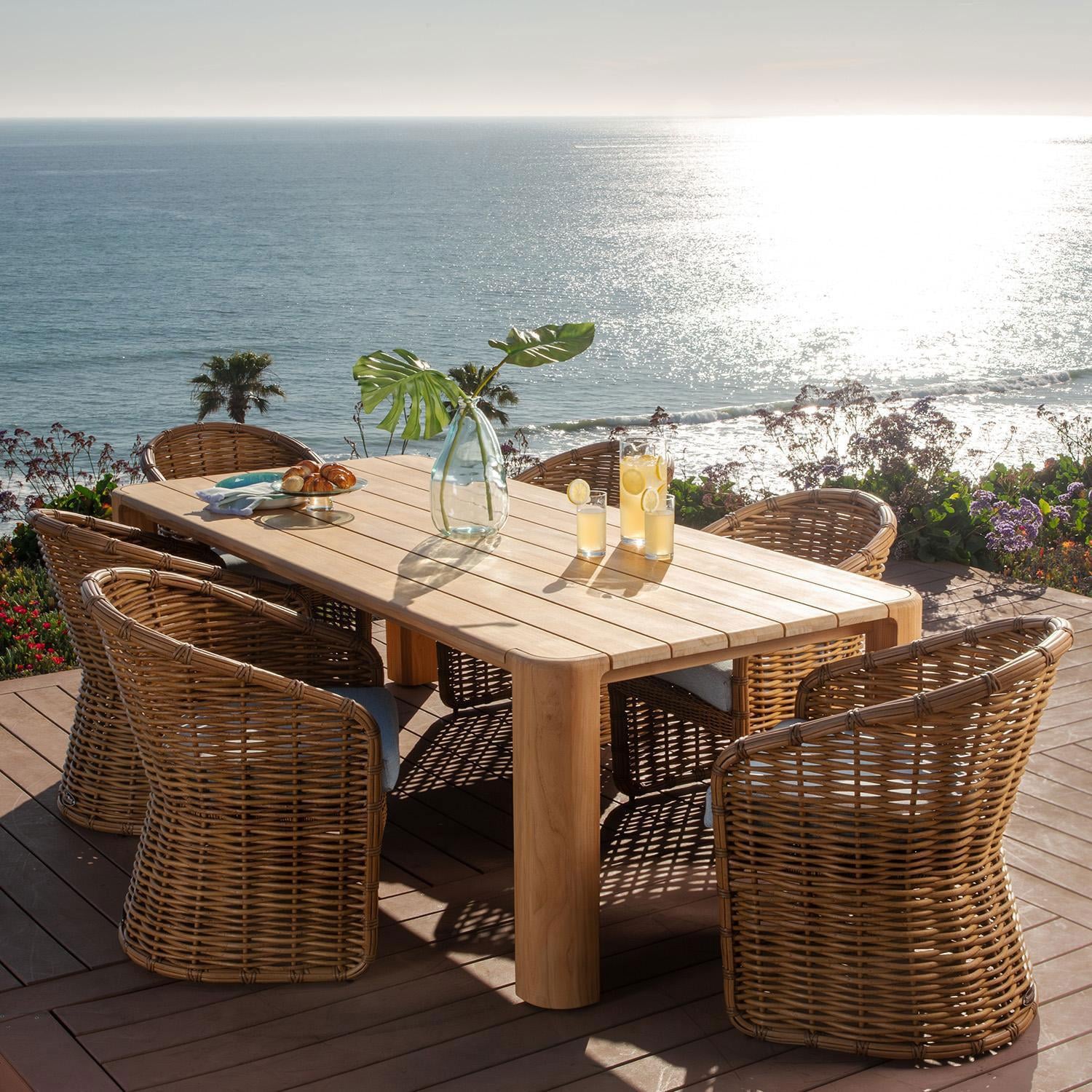 Sunset West Playa 7 Pc Resin Wicker/Teak Patio Dining Set By - SW7001-1-PRL-STKIT (6) + SW5706-T96