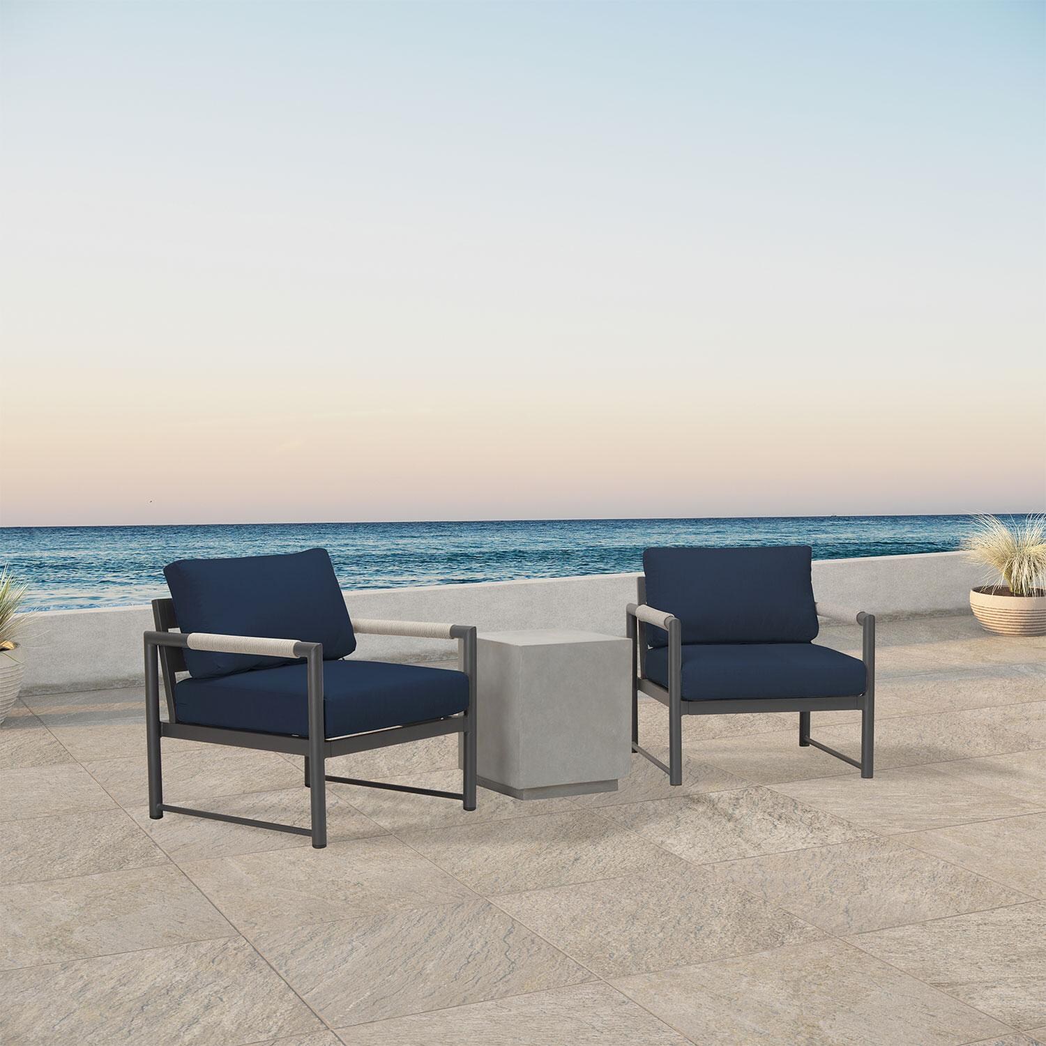 Lakeview AVEBAY-SL-PG-SET104-IN Avenue Bay Slate/Pebble Gray 3 Pc Chat Set - Spectrum Indigo - Angled On Patio - Lifestyle thumbnail
