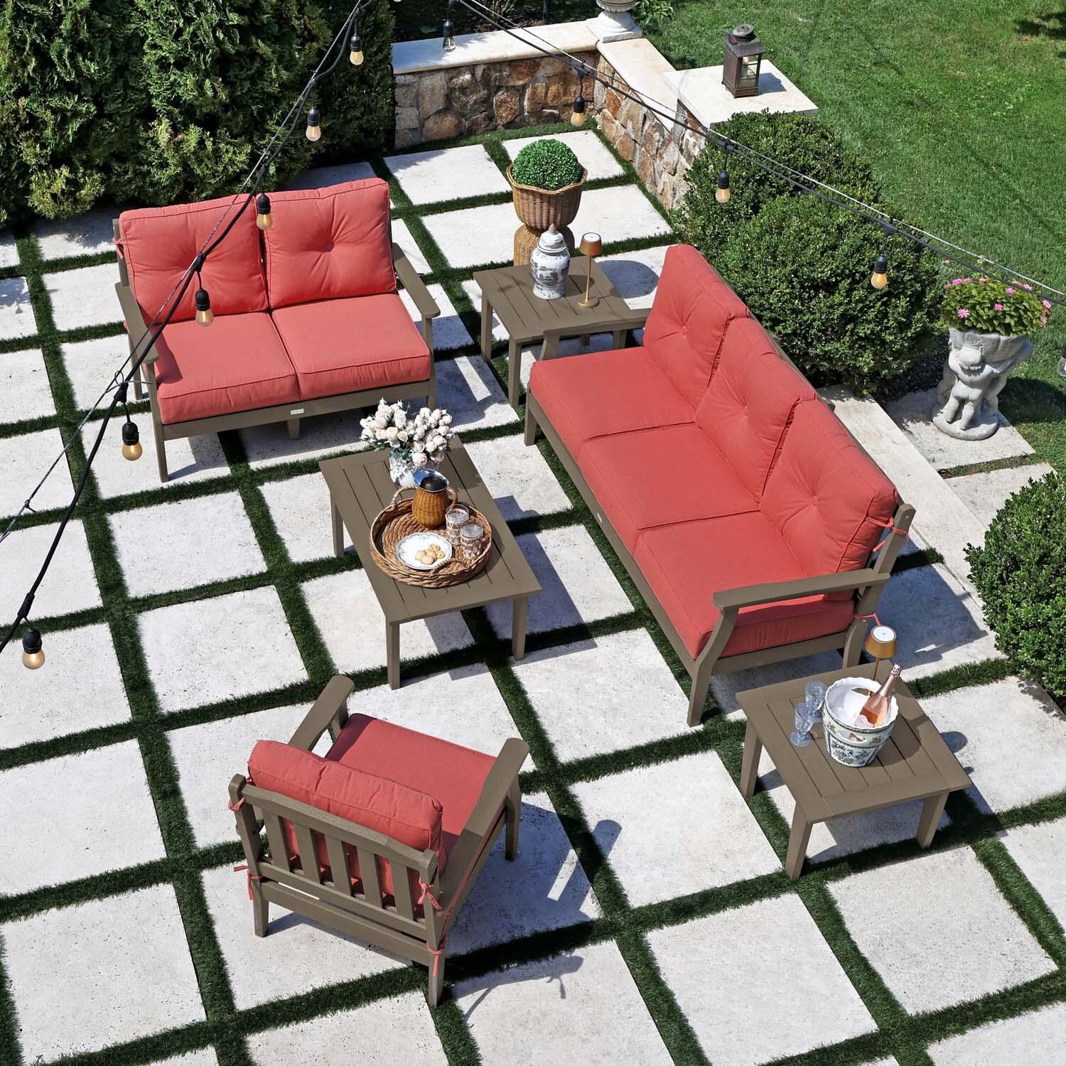 Blushing Bay 6 Pc Recycled Plastic Grand Seating Set in Canvas Persimmon/Woodland Brown by Lakeview Outdoor Designs - Top View - Lifestyle thumbnail