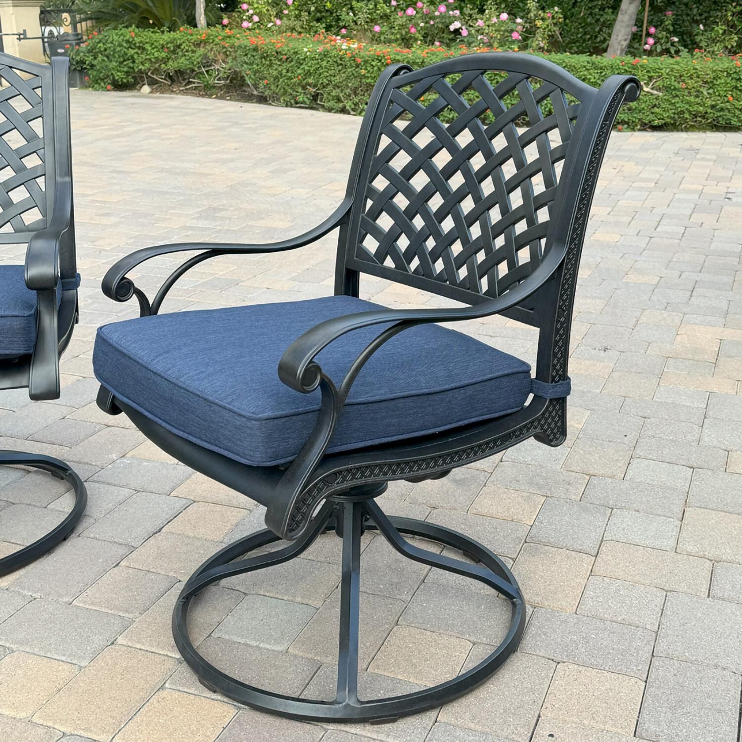 Darlee B/DL13-8PCAR-30D3921-N Nassau 8 Pc Cast Aluminum Dining Set in Antique Bronze w/ Navy Cushions - Chair w/ Cushions - Lifestyle thumbnail