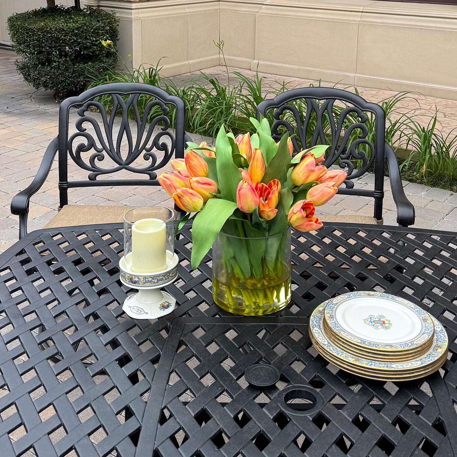 Elisabeth 9 Pc Cast Aluminum Dining Set w/ Series 30 Table in Antique Bronze by Darlee - Close Up - Detail thumbnail