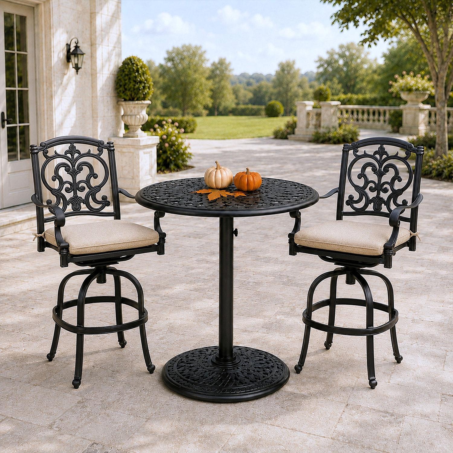 Santa Barbara 3 Pc Cast Aluminum Counter Height Bar Set w/ 30 Inch Round Series 60 Table in Antique Bronze/Beige Canvas by Darlee