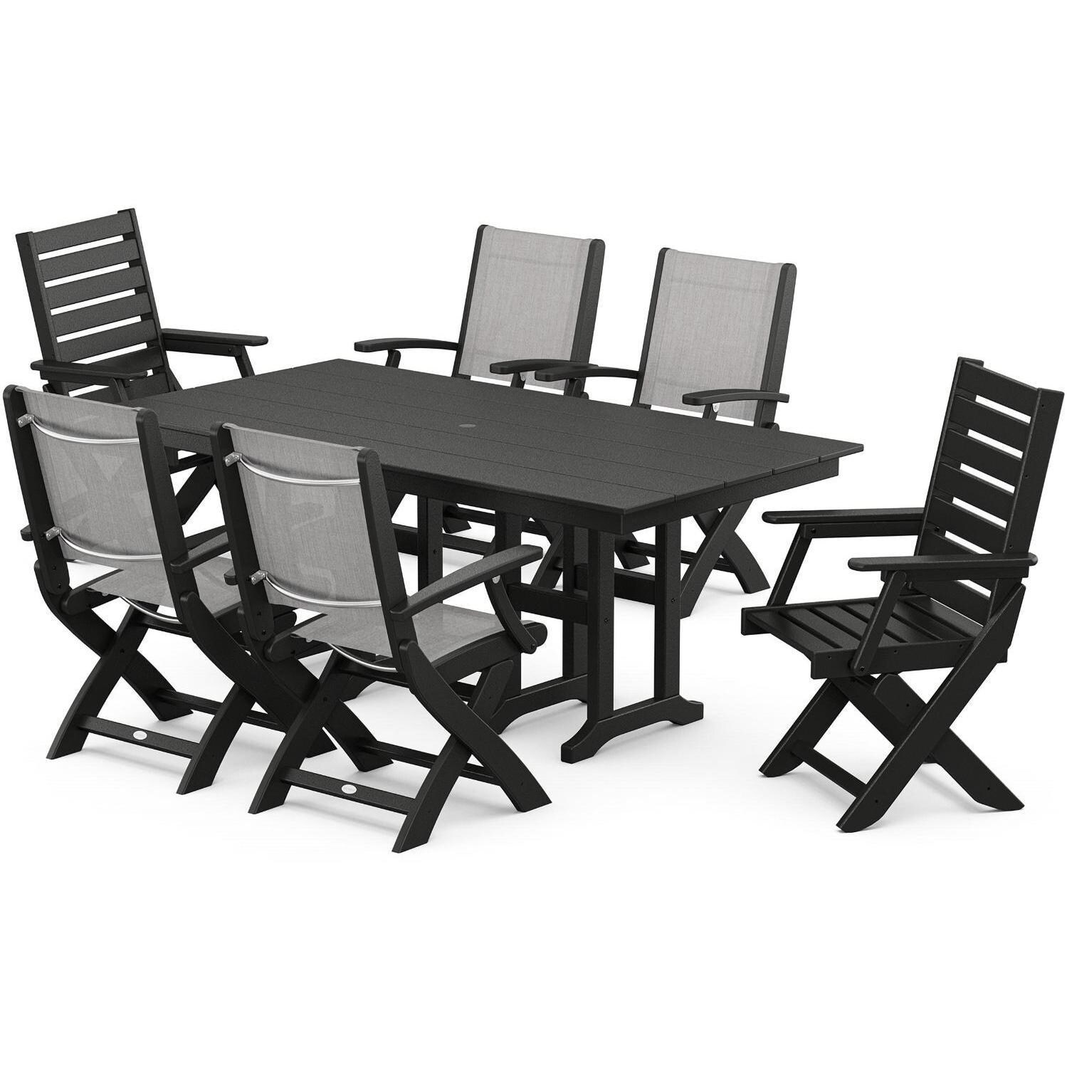 POLYWOOD x BBQGuys Creekside 7 Pc Recycled Plastic Dining Set W/ Parchment Sling in Black
