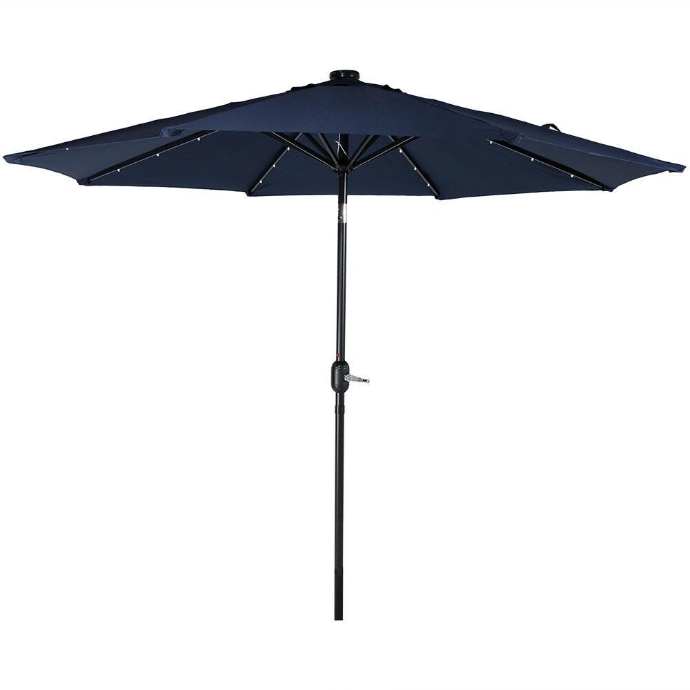 Ultimate Patio 9 Ft. Solar Lighted Octagonal Aluminum Patio Market Umbrella W/ Crank & Tilt - Black Frame & Navy Blue Polyester Canopy
