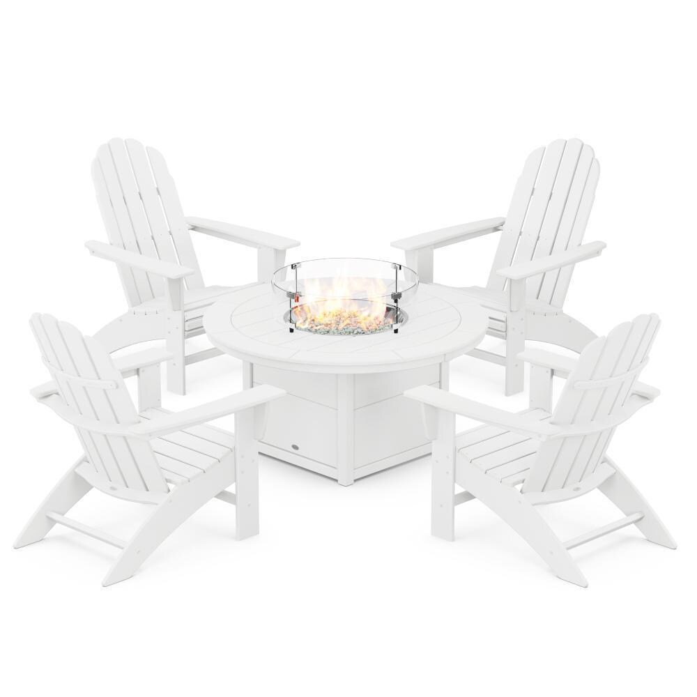 POLYWOOD White Vineyard 5-Piece Curveback Adirondack Conversation Set w/ Fire Pit Table thumbnail