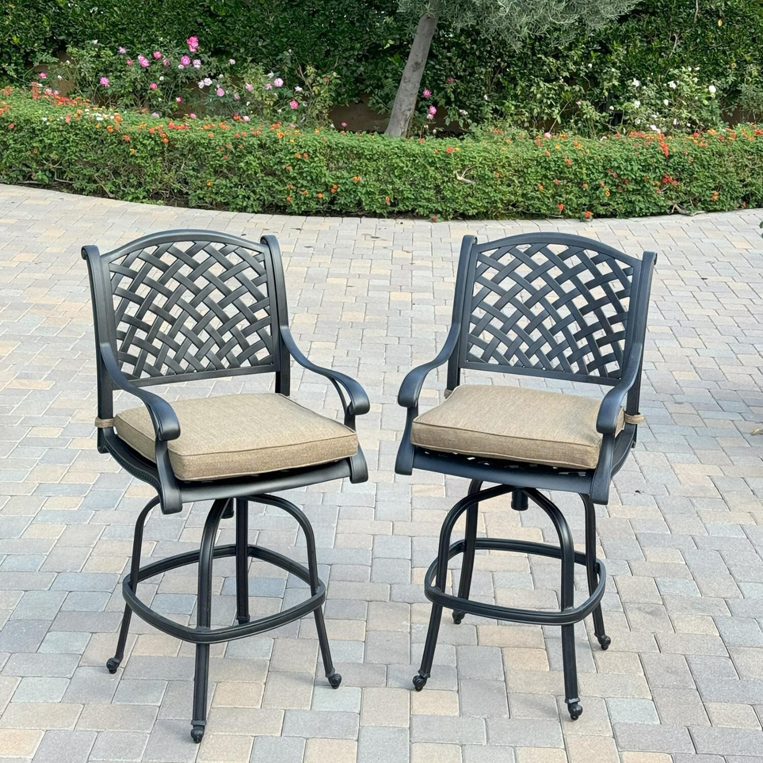 Darlee B/DL13-5PC-50F-S Nassau 5 Pc Cast Aluminum Bar Set in Antique Bronze w/ Sesame Cushions - Chairs - Lifestyle thumbnail
