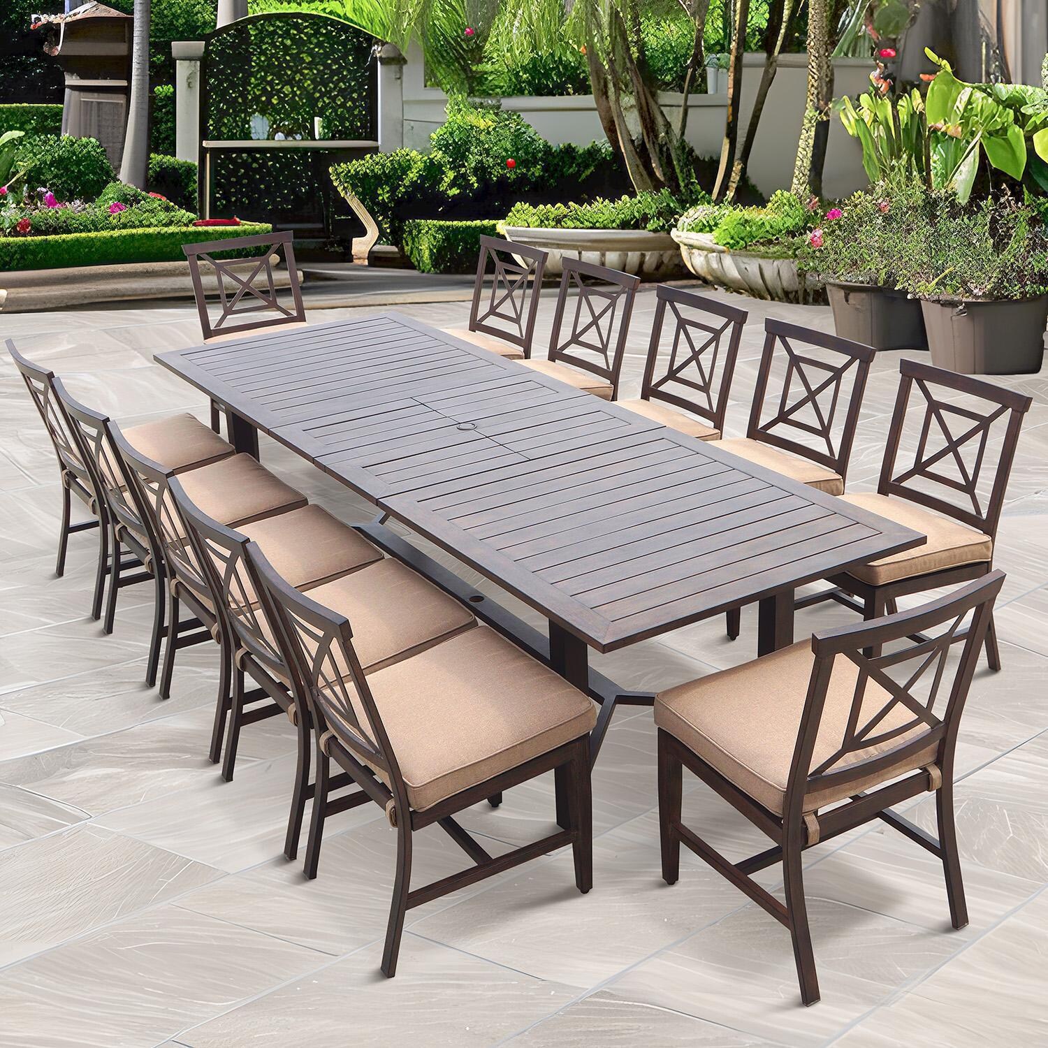 Atlantis 13 Pc Aluminum Dining Set w/ 118 Inch Table and Beige Cushions in Walnut By Darlee - On Patio - Lifestyle thumbnail