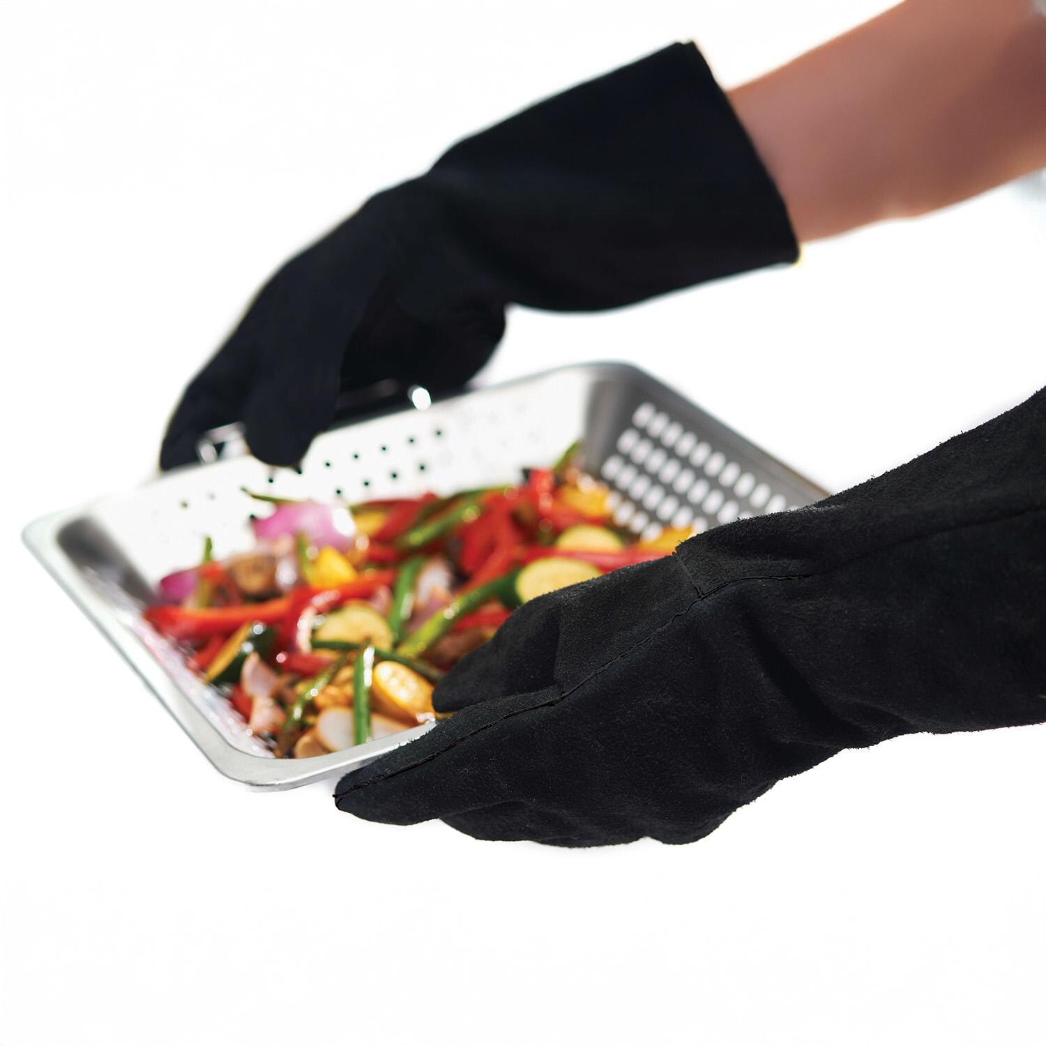 GrillPro Black Leather BBQ Gloves - 528 - Holding Pan - White Background thumbnail