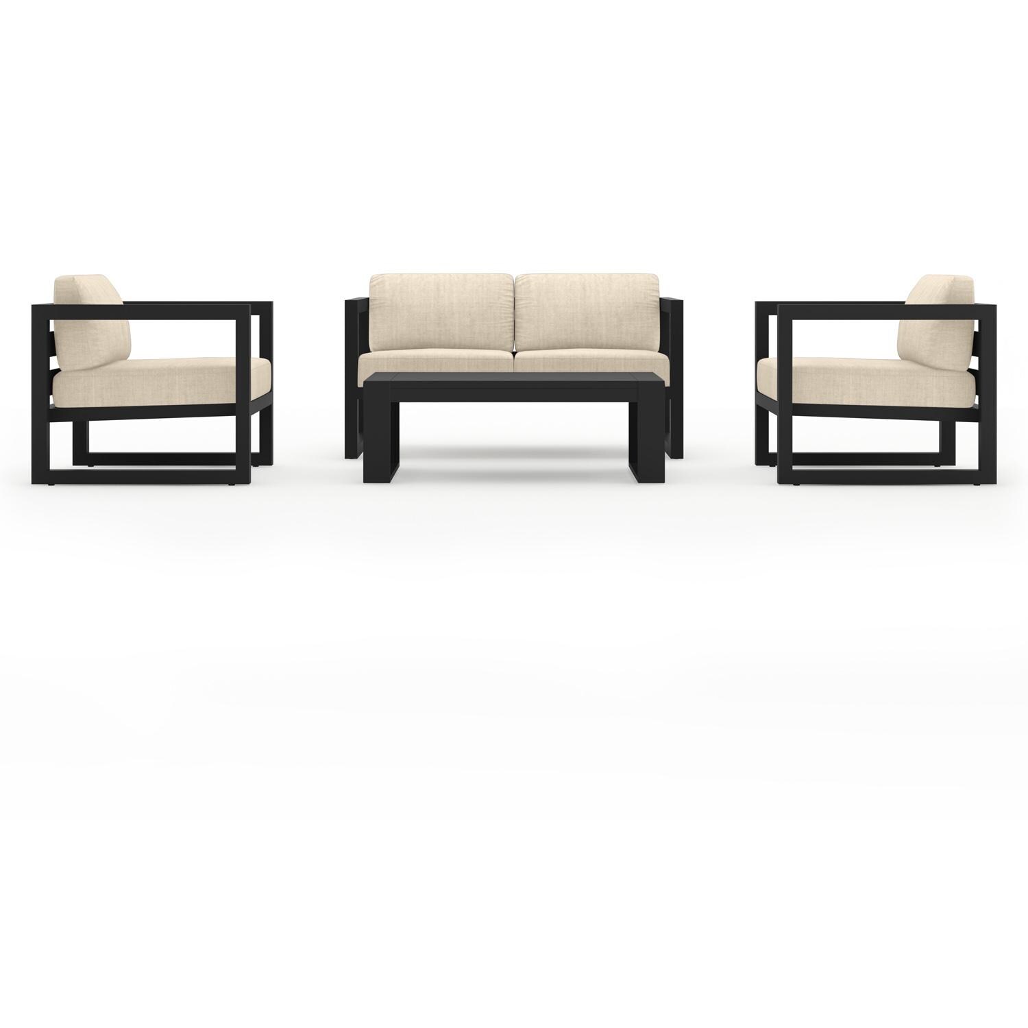 Misty Cove 4 Pc Aluminum Seating Set w/ Portal Coffee Table in Black/Canvas Flax by Lakeview Outdoor Designs