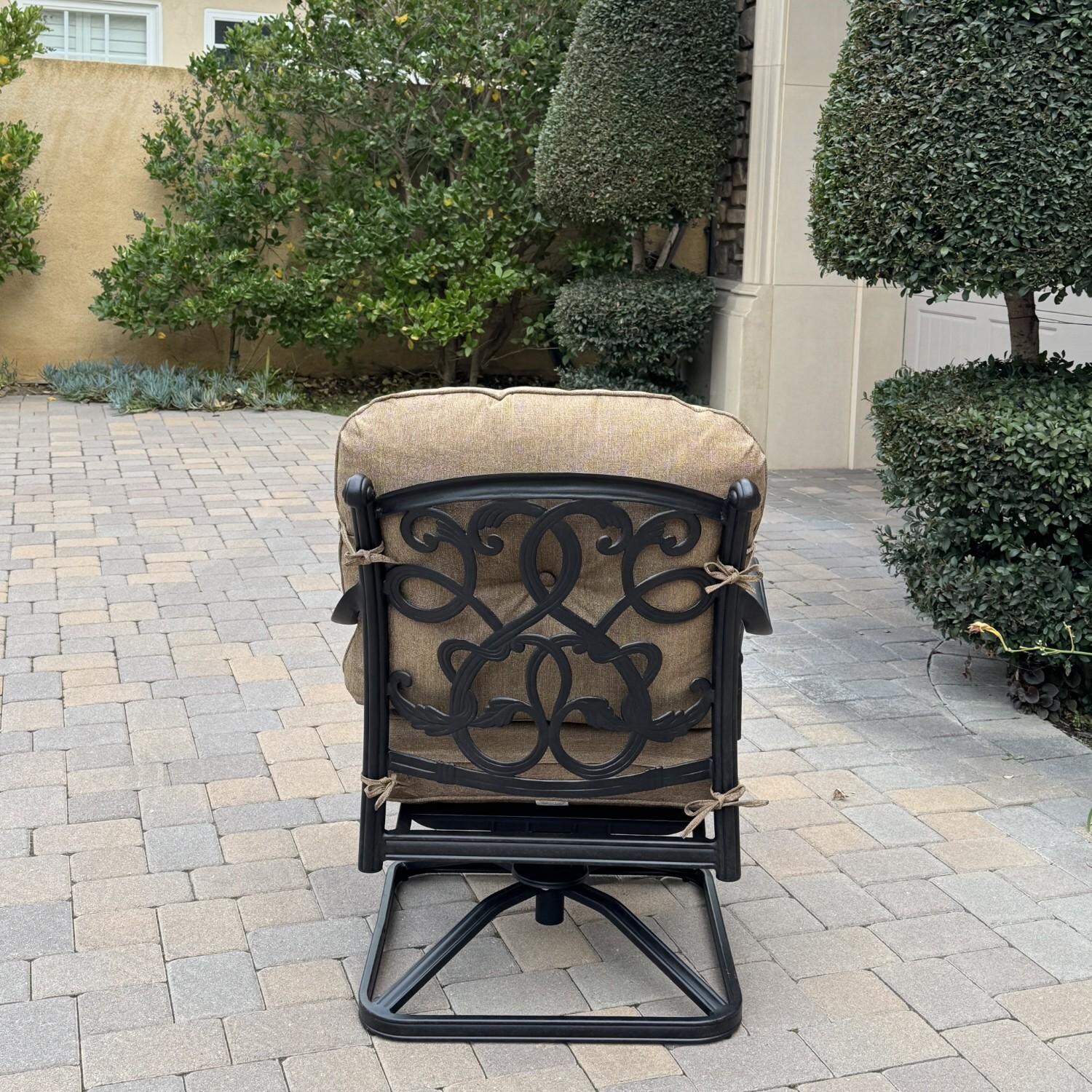 Santa Monica 5 Pc Cast Aluminum Seating Set w/ 47 Inch Round Fire Pit Table in Sesame/Antique Bronze by Darlee - Swivel Chair Back - Lifestyle thumbnail