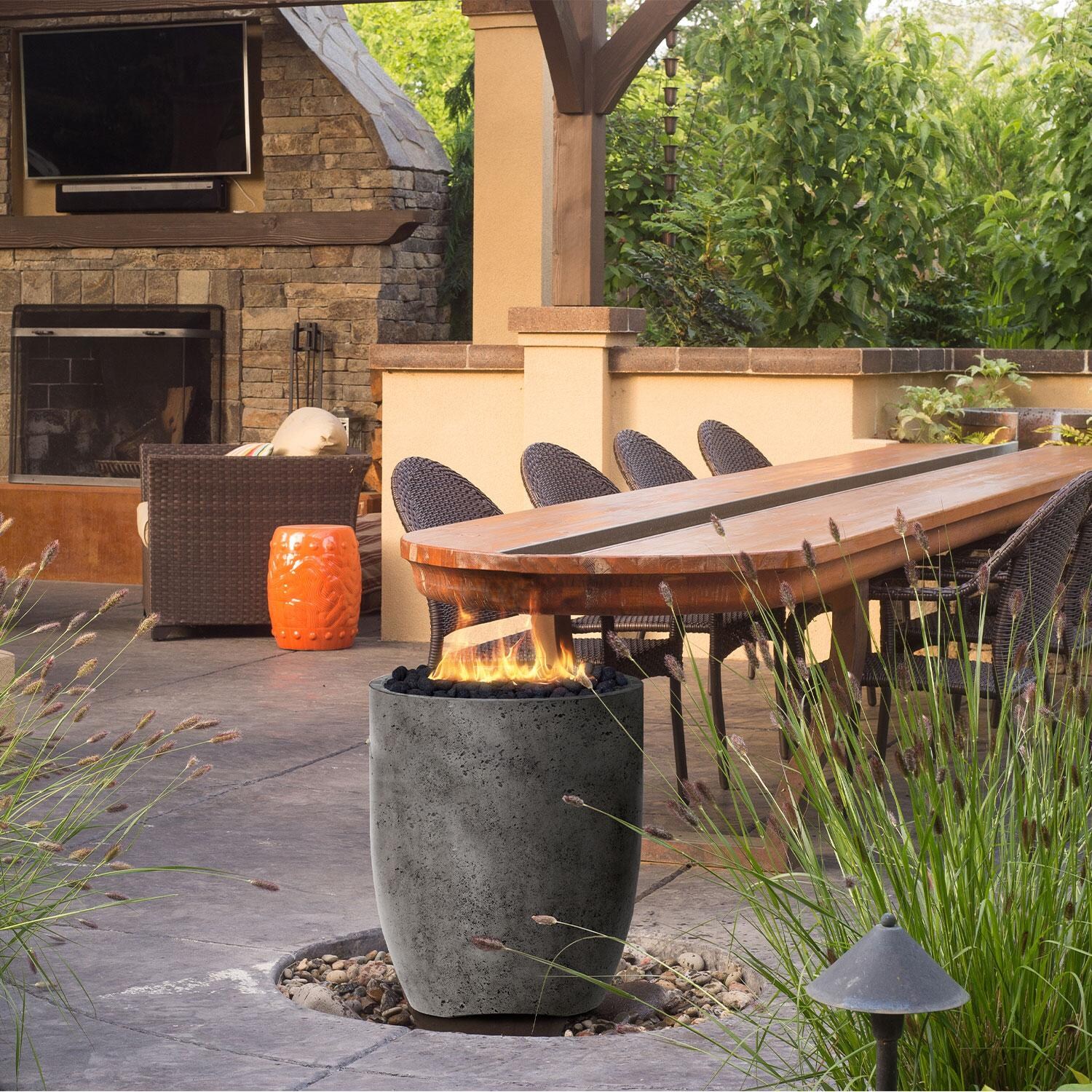 24-in Round Concrete Natural Gas Fire Urn in Gray by XO Appliance - Outdoor Dining - Shown in Gray finish - Lifestyle thumbnail