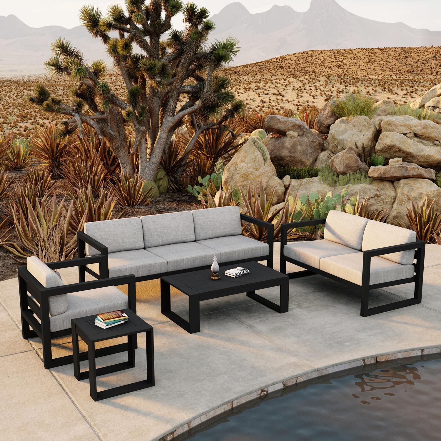 Lakeview MSTYCV-BK-5SS-CS Misty Cove 5 Pc Aluminum Seating Set in Black w/Portal Coffee Table & Cast Silver Cushions by Lakeview Outdoor Designs - Set By The Pool - Lifestyle thumbnail