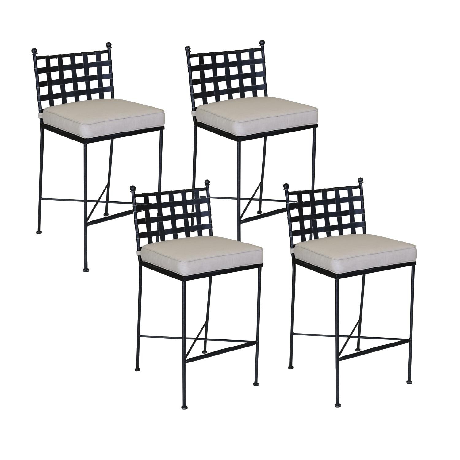 Provence 4 Piece Wrought Iron Patio Bar Stool Set W/ Sunbrella Canvas Flax Cushions By Sunset