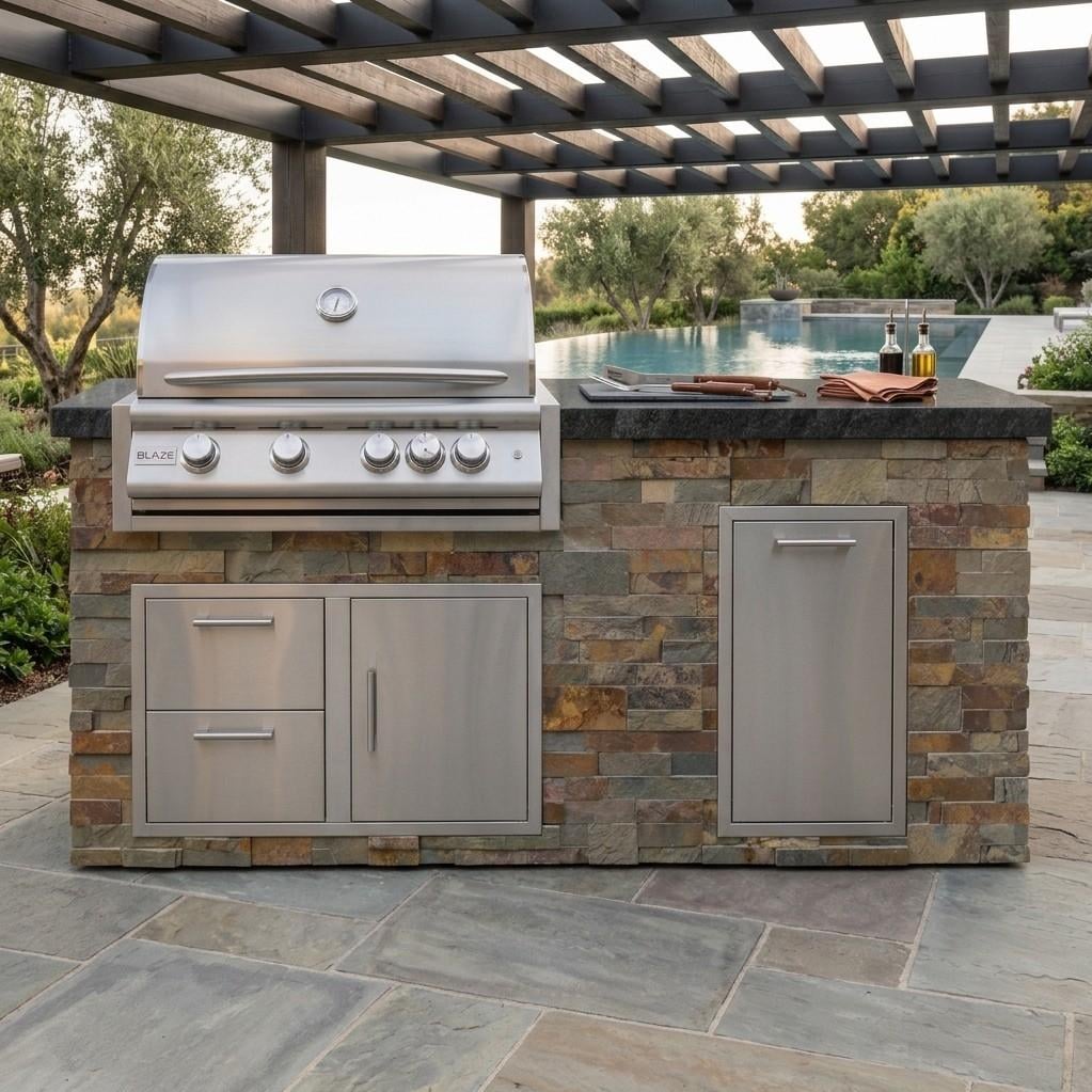 BBQGuys Signature 6 Ft Grill Island w/ 32 Inch Propane Blaze Premium LTE+ Grill & Door & Drawer | Gold Rush w/ Black Granite - Front - Lifestyle thumbnail