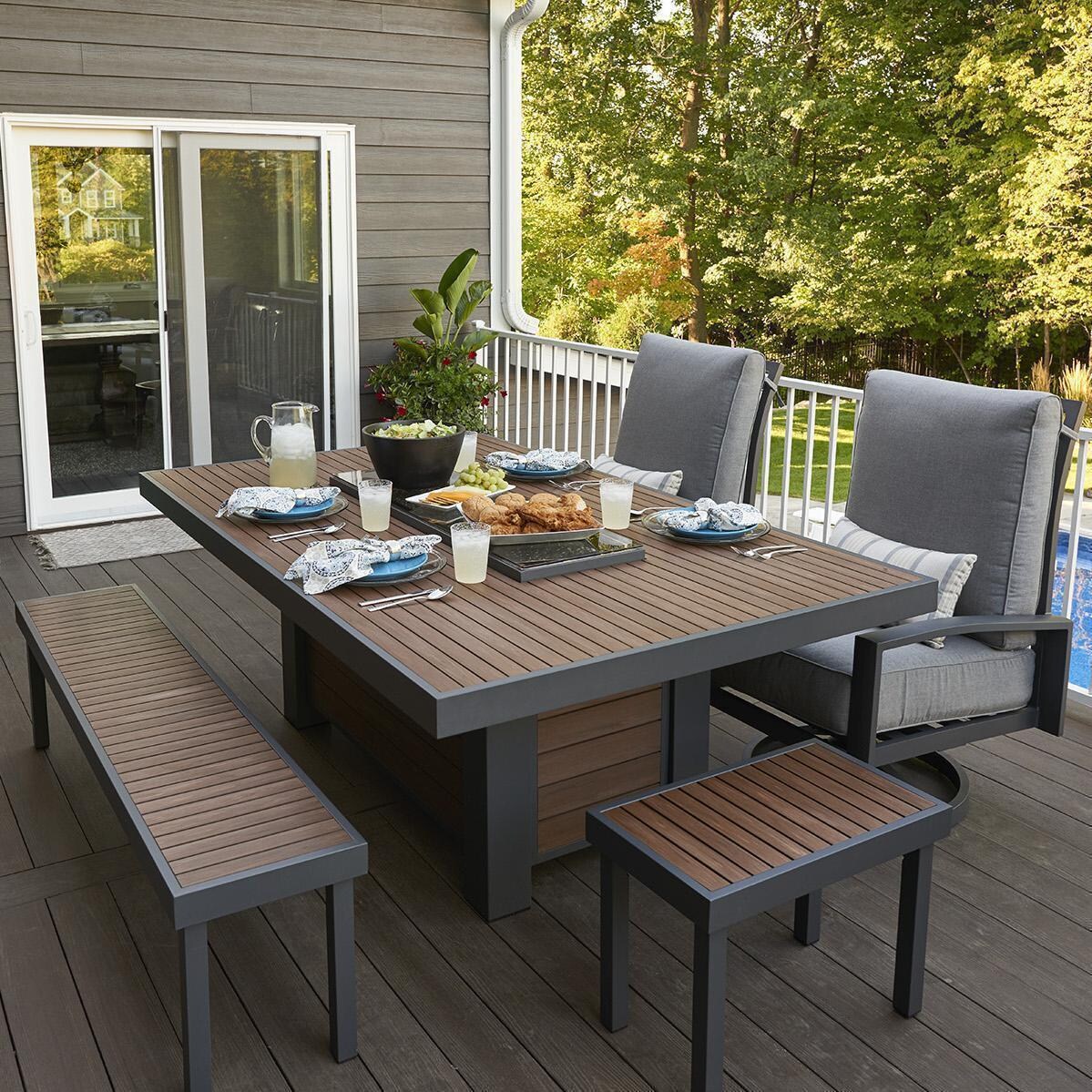 Revere 5 Pc Cast Aluminum Propane Fire Pit Dining Set in Brown by Lakeview Outdoor Designs - On Patiio w/ Burner Cover - Lifestyle thumbnail