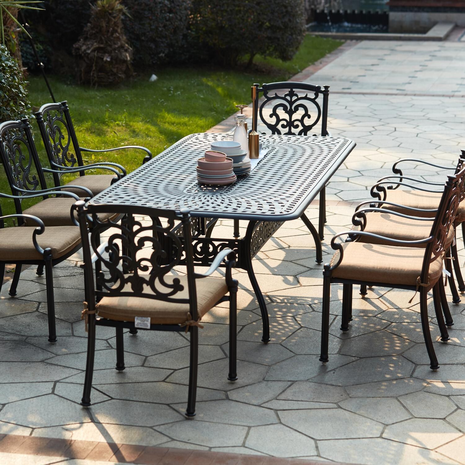 Darlee 201010-9PC-60XLD Santa Barbara 9 Piece Cast Aluminum Patio Dining Arm Chair Set W/ 92 X 42 Inch Rectangular Table & Sesame Cushions  thumbnail