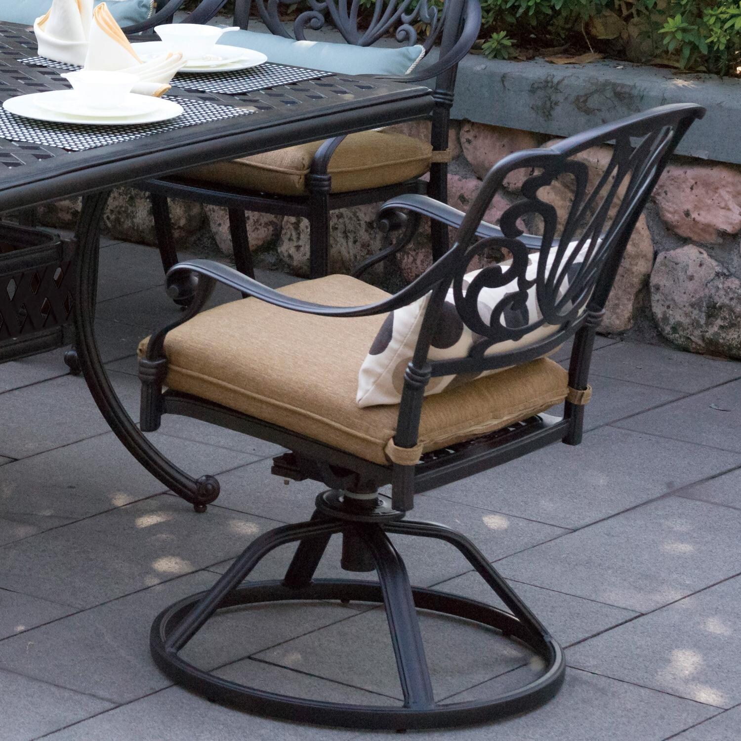 Elisabeth Cast Aluminum Patio Swivel Rocker Dining Chair W/ Sesame Cushion By Darlee - Angle View thumbnail