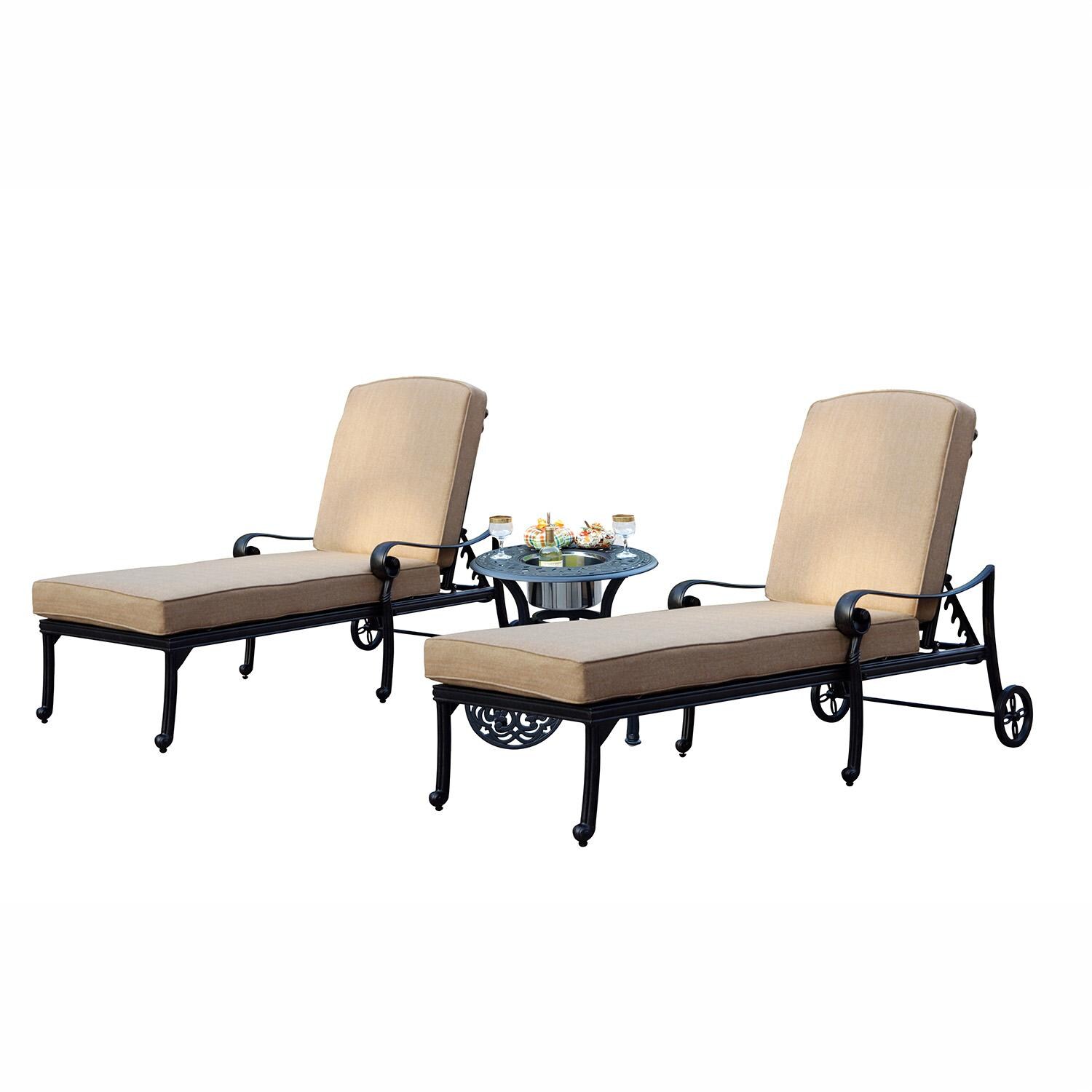Santa Monica 3 Pc Cast Aluminum Chaise Lounge Set w/ 24 Inch Ice Bucket End Table & in Antique Bronze/Beige Canvas by Darlee