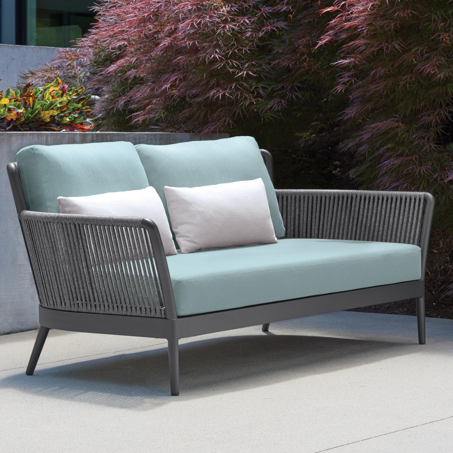 Nette Woven Rope Loveseat w/ Lumbar Pillows in Carbon/Seafoam by Oxford Garden