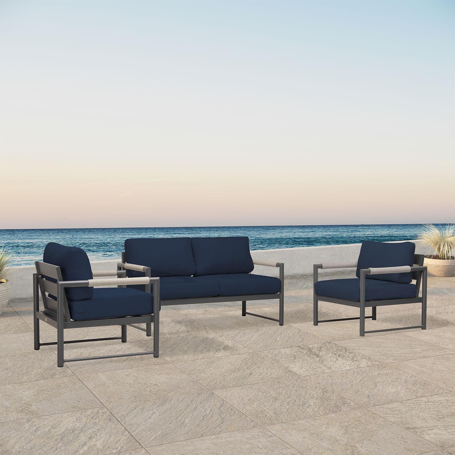 Lakeview AVEBAY-SL-PG-SET120-IN Avenue Bay Slate/Pebble Gray 3 Pc Loveseat Set - Spectrum Indigo - Angled On Patio - Lifestyle thumbnail