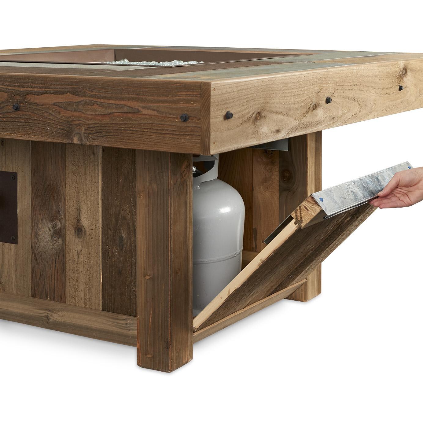 The Outdoor GreatRoom Company Vintage Square Gas Fire Pit Table - Access door provides convenient storage for propane tanks thumbnail