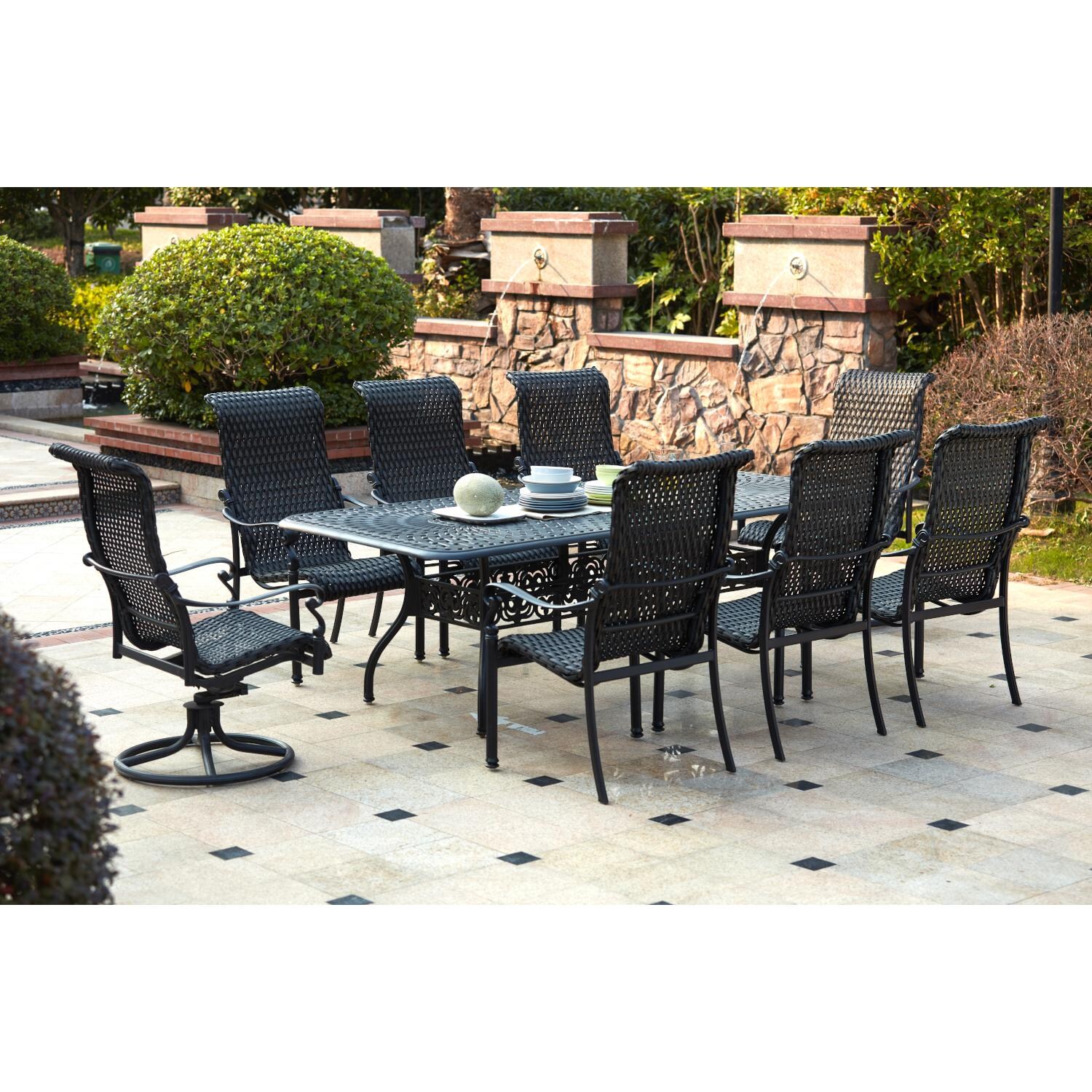 Darlee 501210-9PC-60XL Victoria 9 Piece Resin Wicker Patio Dining Set W/ 92 X 42 Inch Rectangular Table - Lifestyle thumbnail