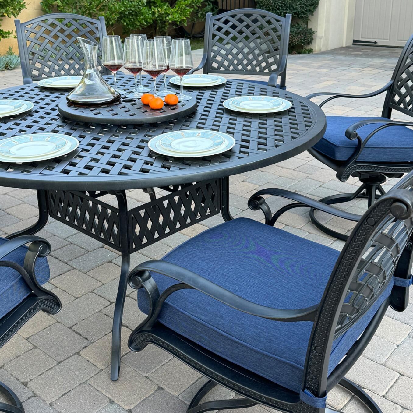 Darlee B/DL13-8PCAR-30D3921-N Nassau 8 Pc Cast Aluminum Dining Set in Antique Bronze w/ Navy Cushions - Set Up Close - Lifestyle thumbnail