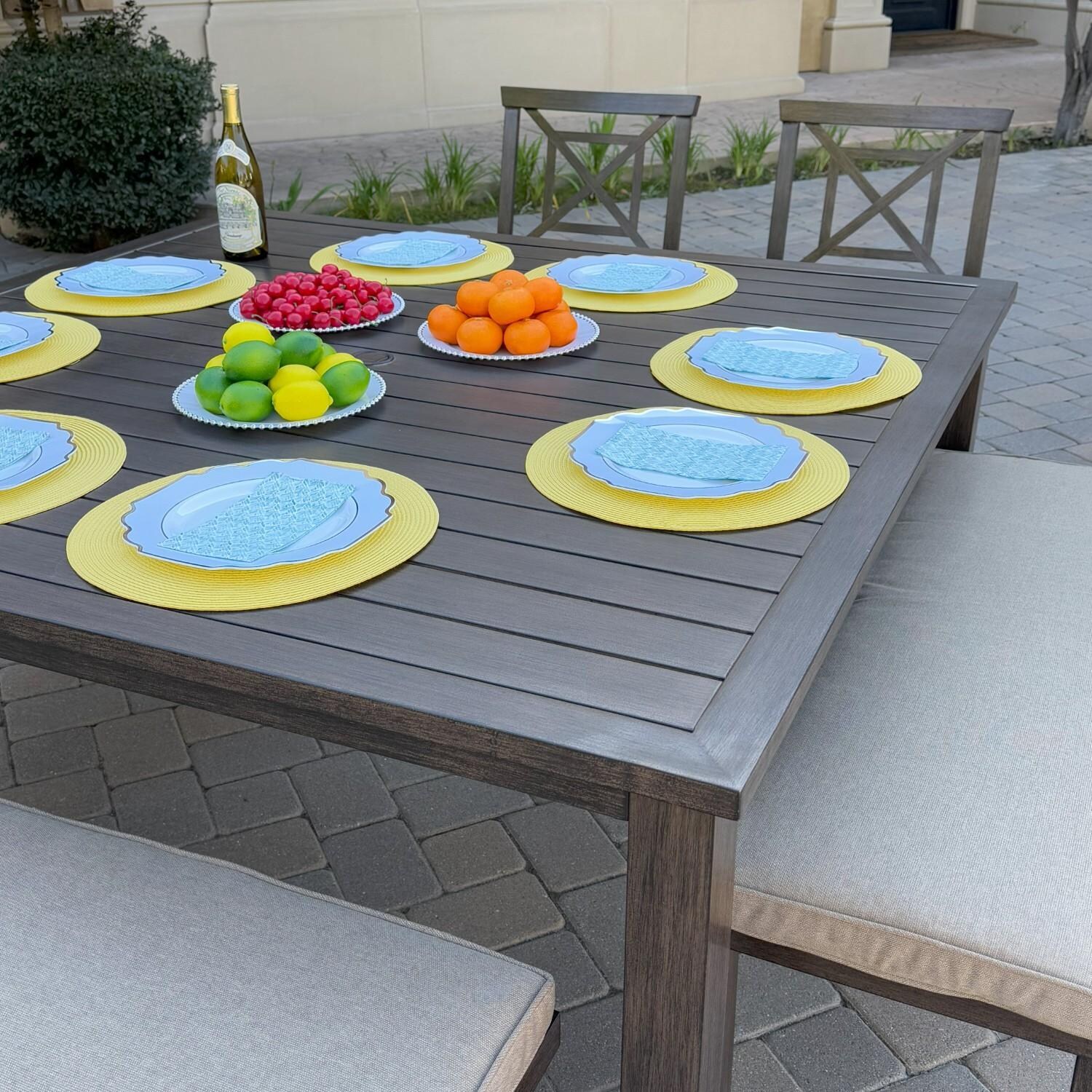 Atlantis 6 Pc Aluminum Dining Set w/ 2 Dining Side Chairs & 3 Two Person Benches in Walnut/Beige by Darlee - Table Side - Lifestyle thumbnail