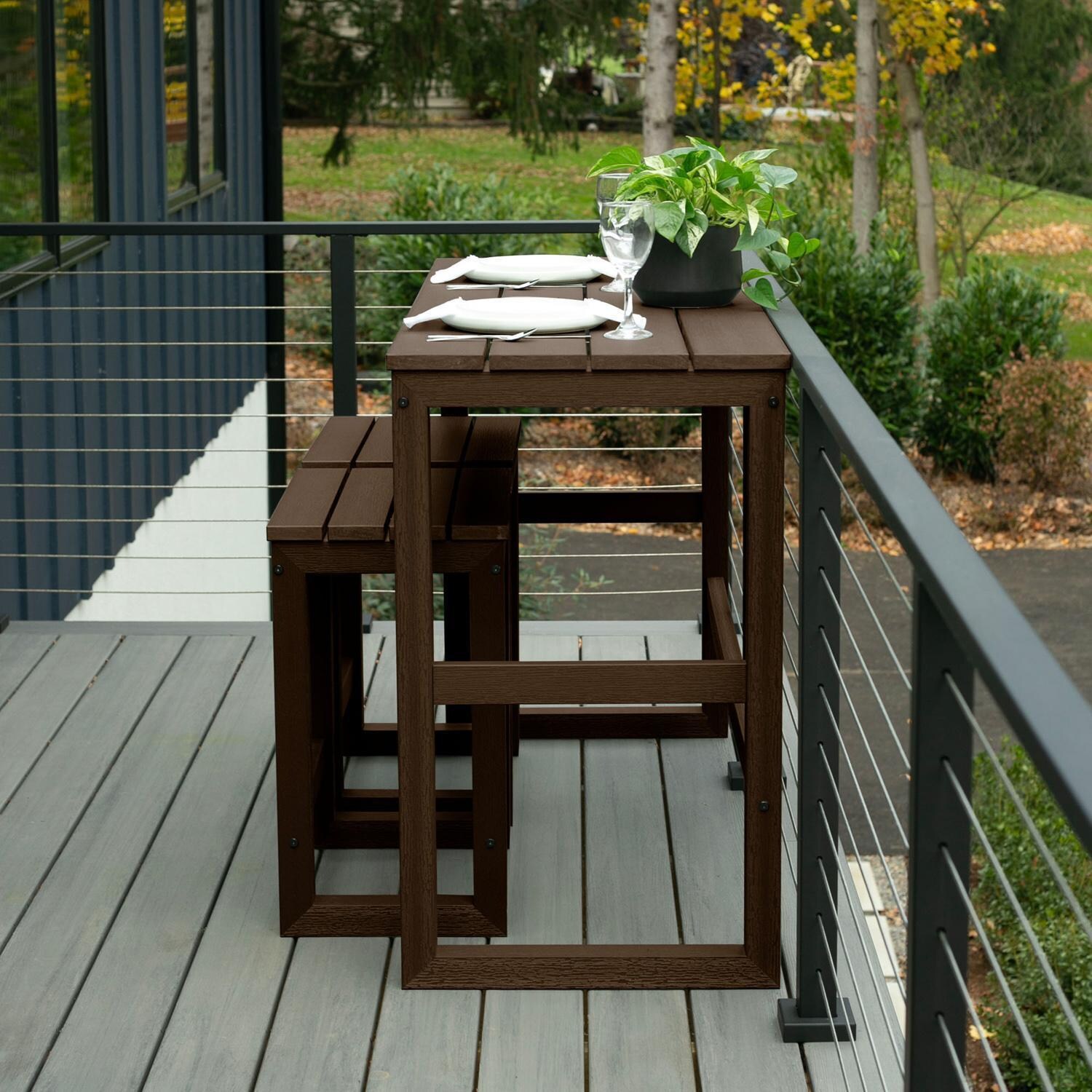 Lakeview Audubon 3 Pc Recycled Plastic Counter Height Balcony Dining Bar Set in Weathered Acorn - Side View - Lifestyle thumbnail