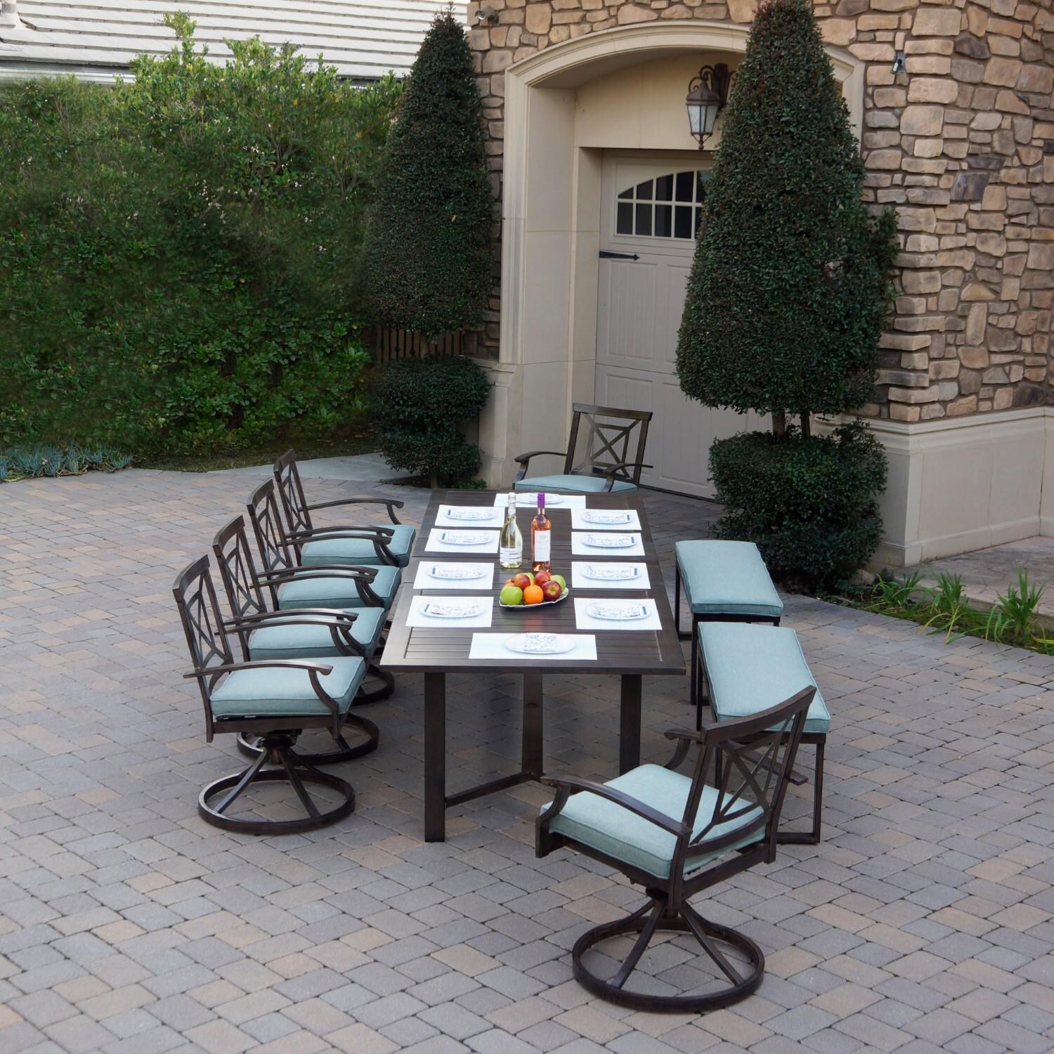 Atlantis 9 Pc Aluminum Dining Set w/ 6 Swivel Rocker Dining Arm Chairs, 2 Two Person Benches & Extension Table in Walnut/Spa by Darlee