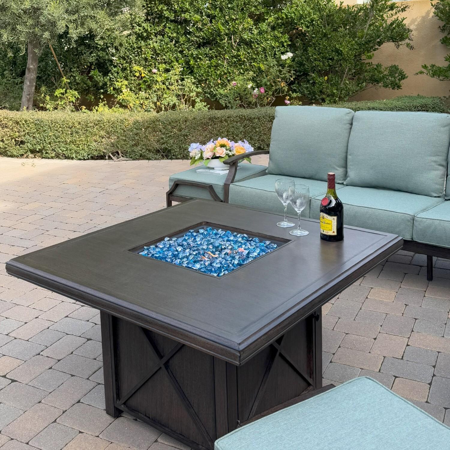 Atlantis 6 Pc Aluminum Fire Pit Seating Set w/ 2 Club Chairs, 2 Ottomans & Sofa in Walnut/Spa by Darlee - Table Open w/o Flame - Lifestyle thumbnail