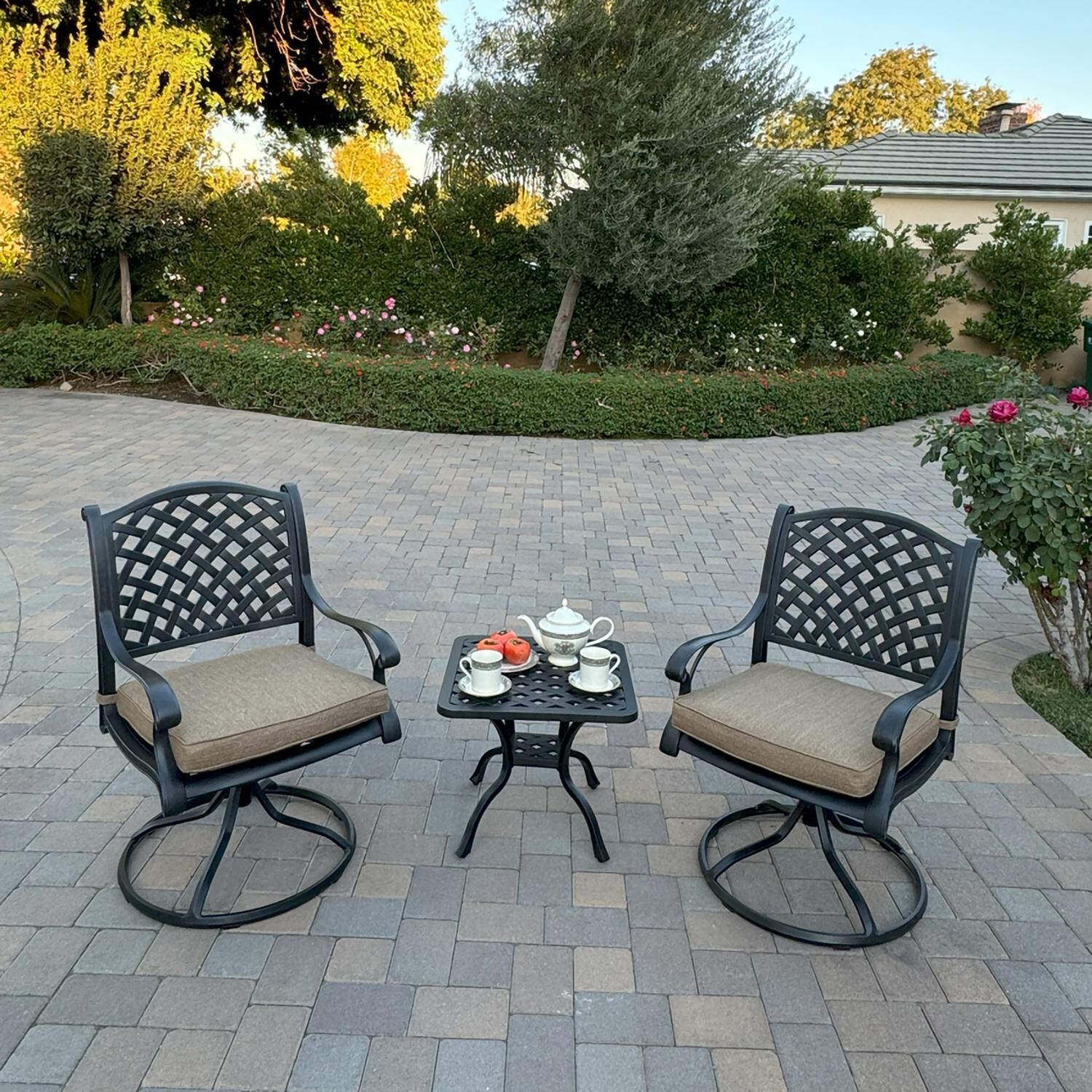 Nassau 3 Pc Cast Aluminum Conversation Set w/ Rocker in Antique Bronze w/ Sesame Cushions By Darlee