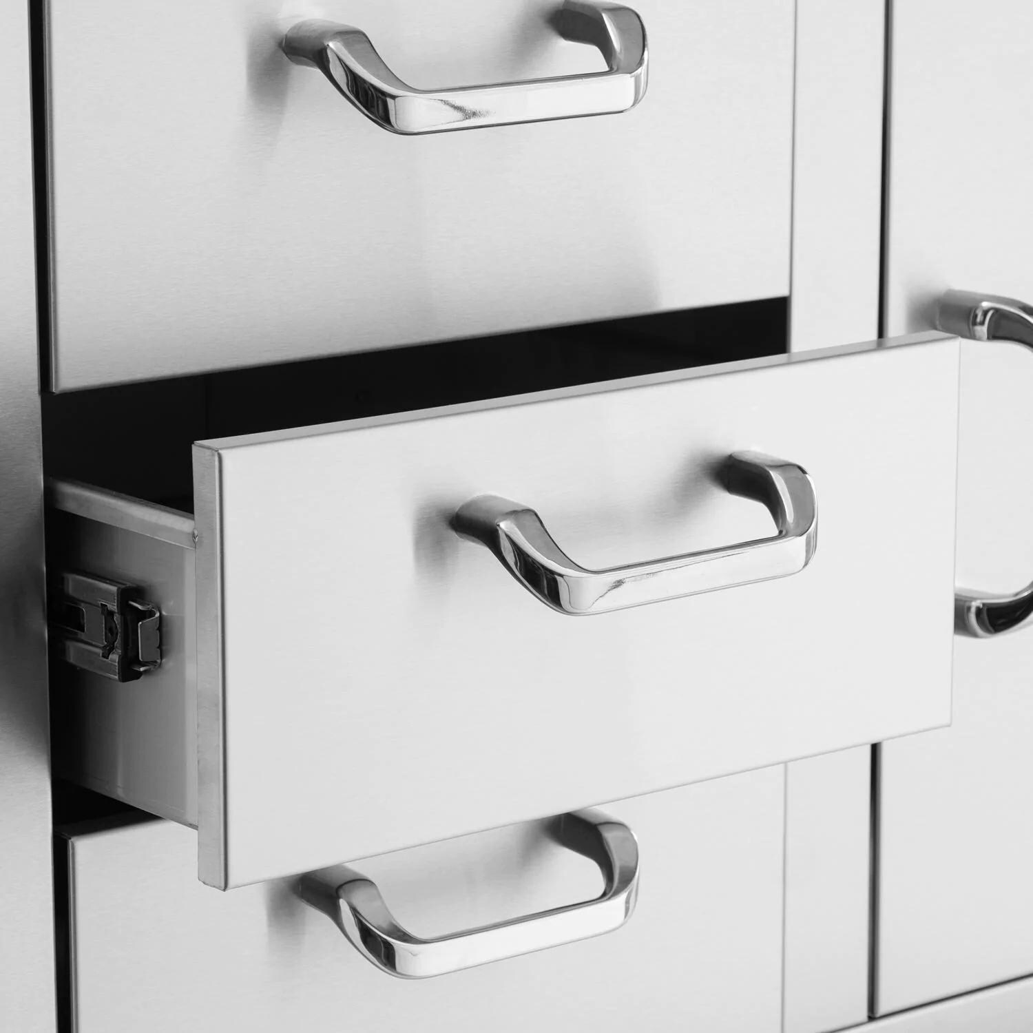 BBQGuys Signature 39-Inch Stainless Steel Reversible Access Door & Triple Drawer Combo - Drawer Close Up - White Background thumbnail