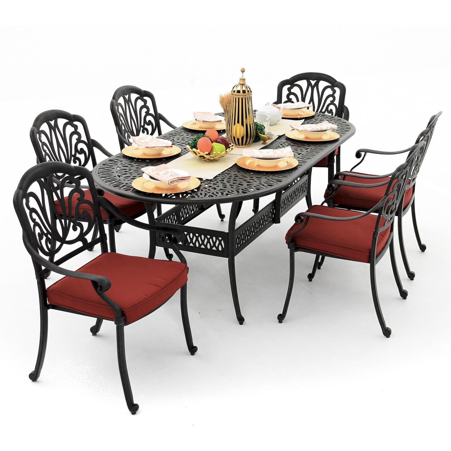 Rosedown 7 Piece Cast Aluminum Patio Dining Set With 86 X 42 Inch Oval Table By Lakeview Outdoor Designs - Canvas Henna