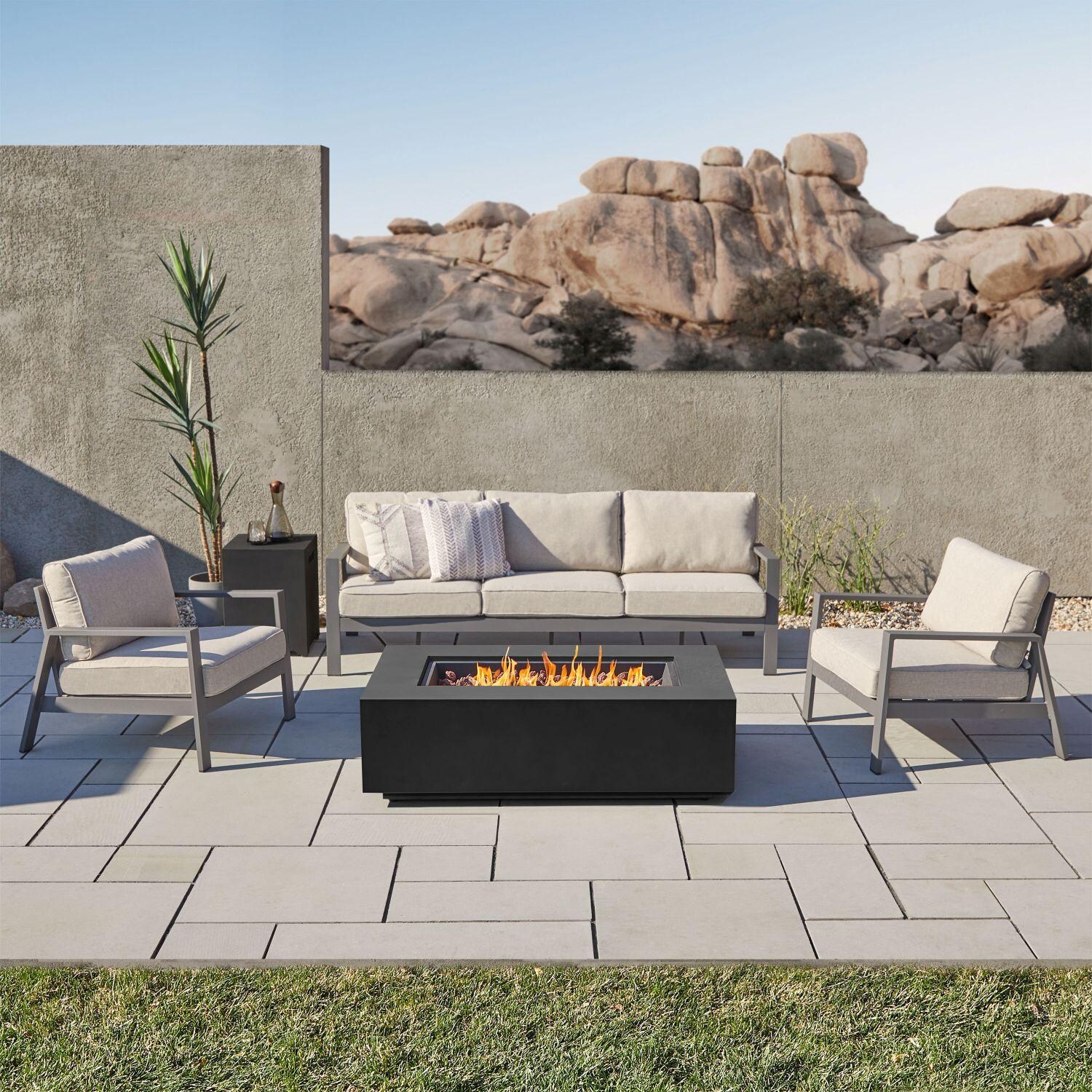 Elysian 5 Pc Aluminum Fire Pit Seating Set in Black/Weathered Slate W/ Sofa by Lakeview Outdoor Designs - Lifestyle thumbnail