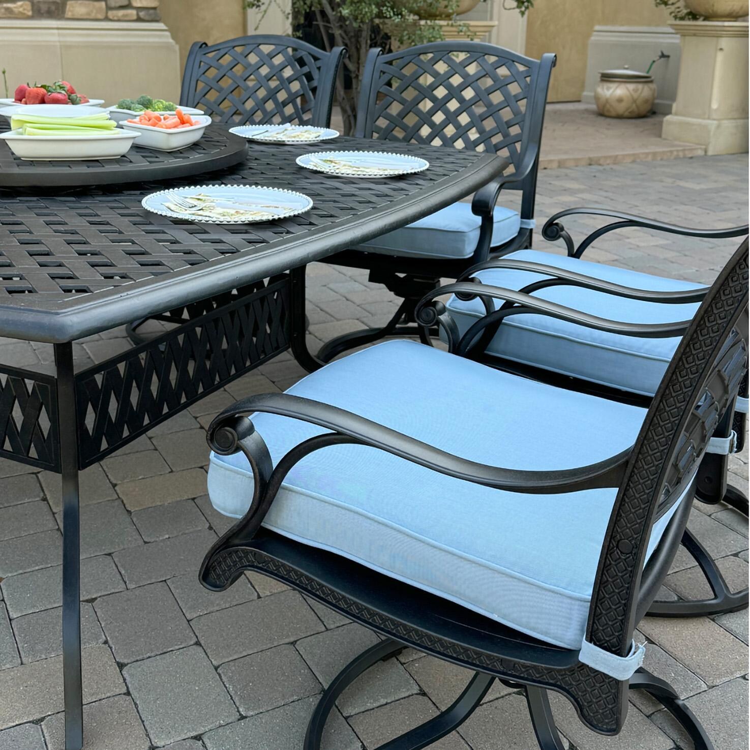 Darlee B/DL13-10PCAR-30W3930-B Nassau 10 Pc Cast Aluminum Dining Set in Antique Bronze w/ Blue Cushions - Table Angle - Lifestyle thumbnail