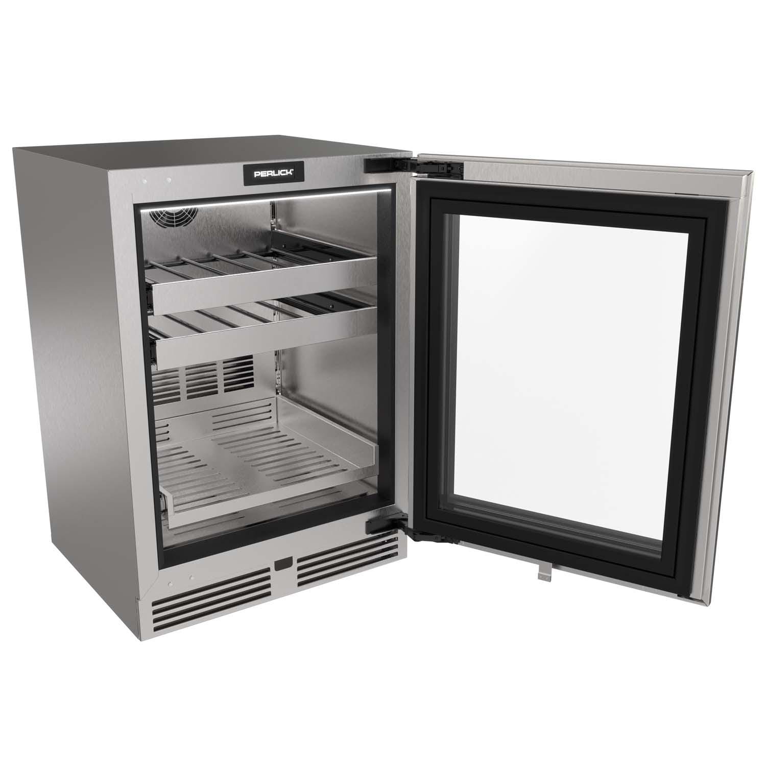 Perlick G5 Luxe 24-in Stainless Steel Glass Door Indoor/Outdoor Beverage Center - Right Hinge - Door Open - White Background thumbnail
