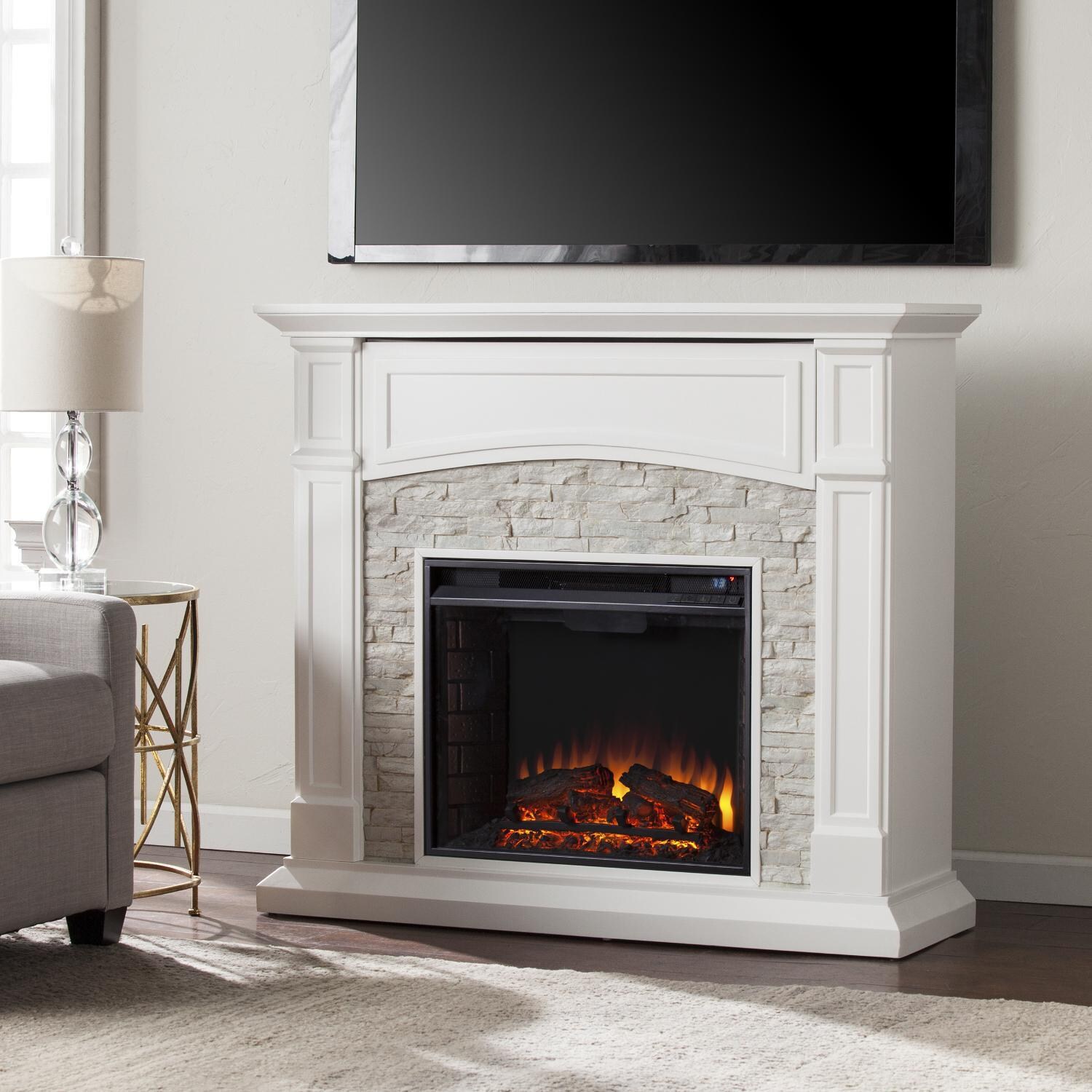 Southern Enterprises Seneca 45-Inch Electric Fireplace Mantel Package - Crisp White W/ Rustic White Faux Stone - FE9362