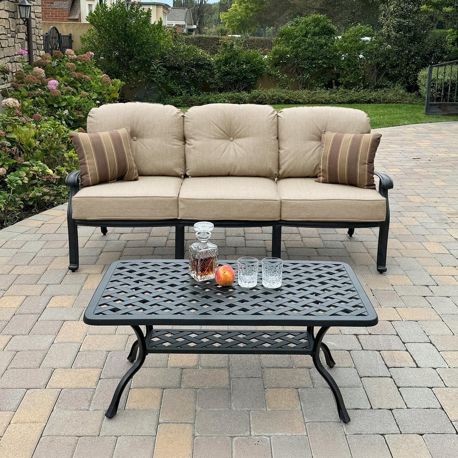 Darlee Elisabeth 4 Pc Cast Aluminum Seating Set w/ 42 X 21 Inch Table & Swivel Rockers & Throw Pillows in Antique Bronze/Beige - Sofa & Table - Lifestyle thumbnail