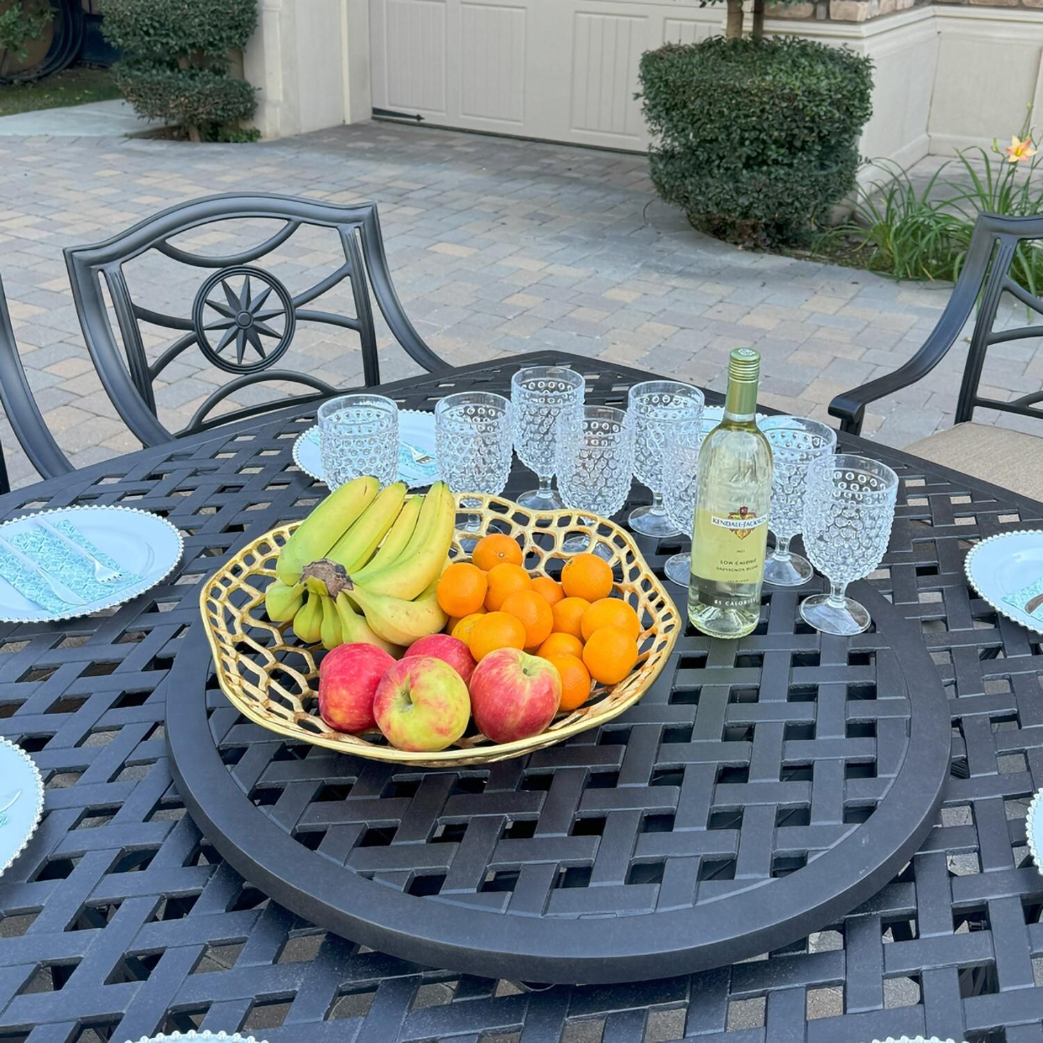 Darlee B/DL503-10PCAR-30W3935 Ten Star 10 Pc Cast Aluminum Swivel Rocker Dining Set in Antique Bronze - Lazy Susan in Use - Lifestyle thumbnail