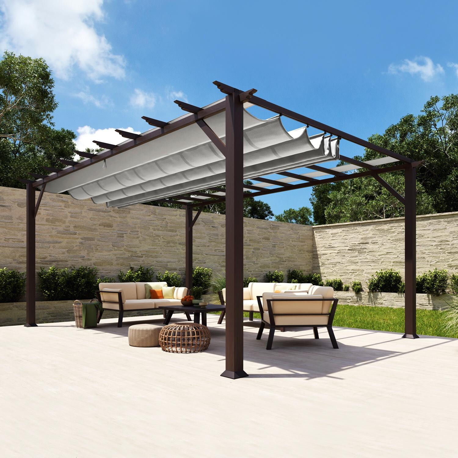 Paragon Outdoor PR16WD2G Florence 11' x 16' Chilean Ipe Pergola w/ Gray Canopy - On Patio - Lifestyle thumbnail