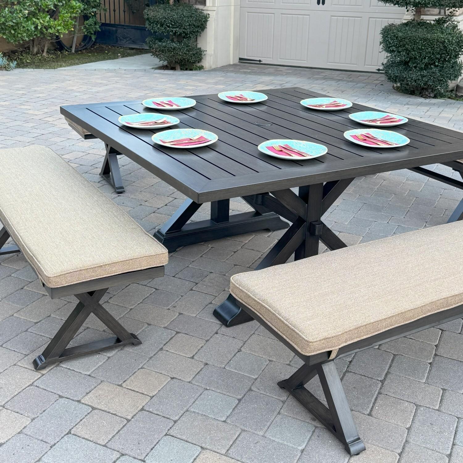 Brooklyn 5 Pc Aluminum Dining Set w/ 59 Inch Square Table in Sesame/Multi-brown by Darlee - Bench Close Up - Lifestyle thumbnail