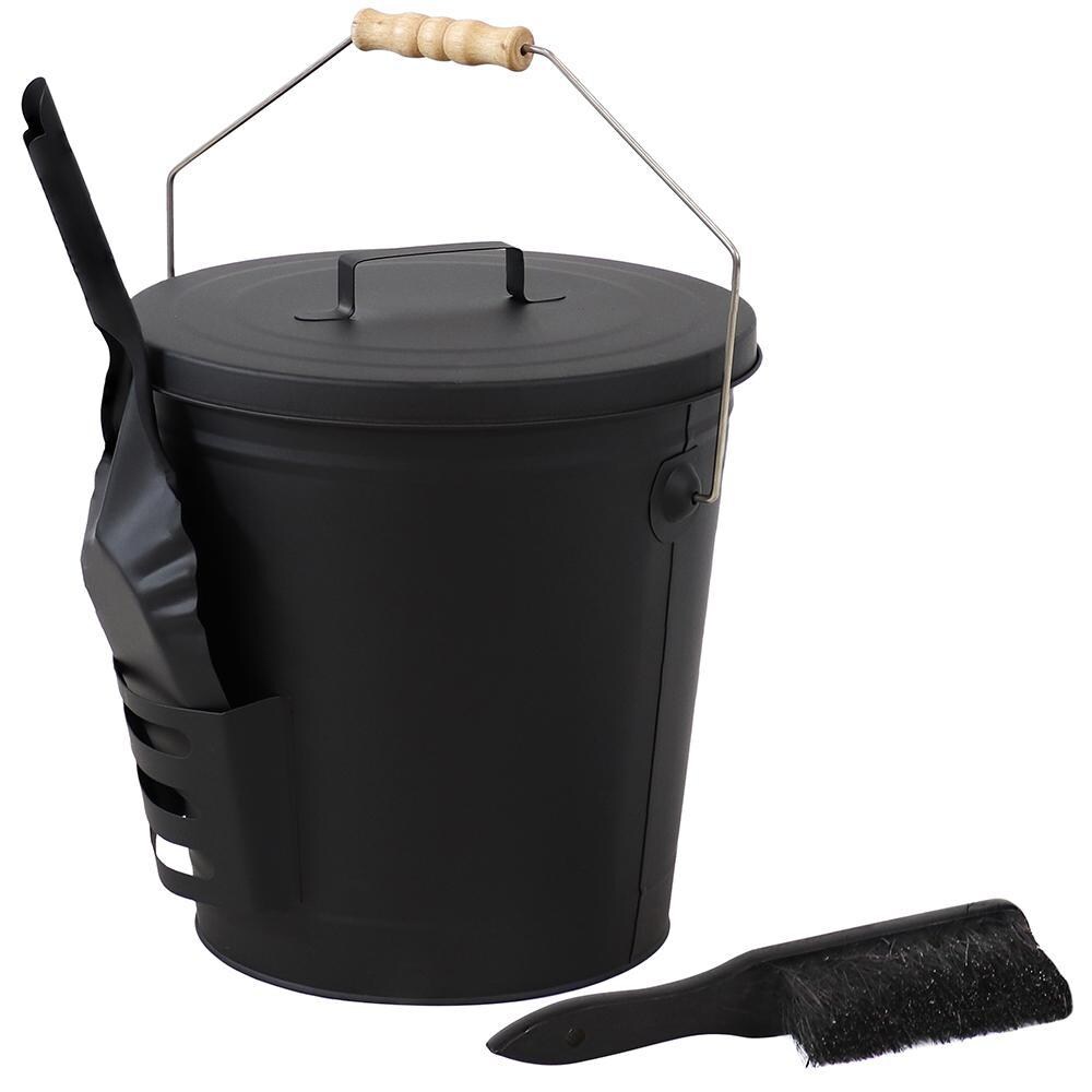 Ultimate Patio Steel Fireplace Ash Bucket w/ Lid, Shovel & Brush